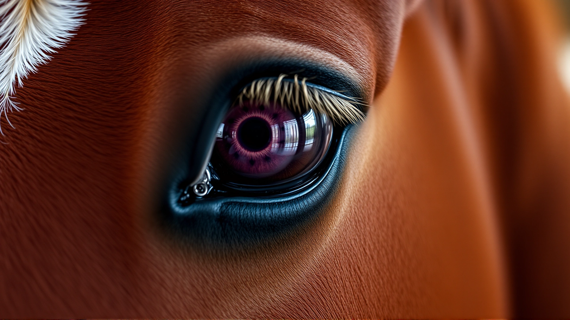 Close-up photo of a chestnut horse’s eye showing mild redness and swelling, illustrating early-stage ocular squamous cell carcinoma. Macro shot with soft natural barn lighting.