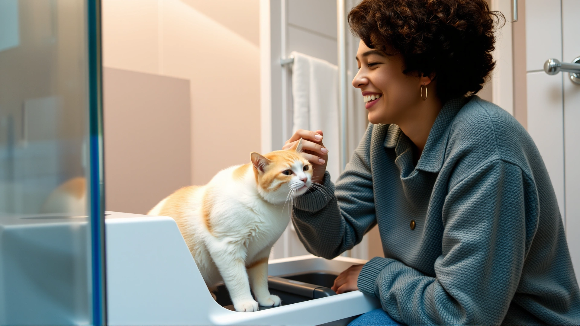 Cat owner smiling while smelling fresh odor-controlled litter box in modern apartment bathroom