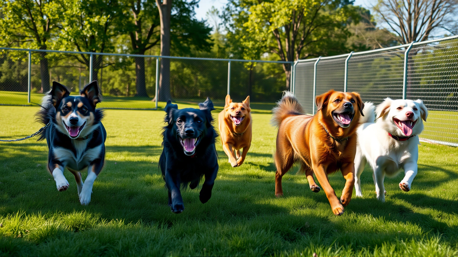 Group of dogs running freely in a fenced dog park on a sunny afternoon, green grass and trees in background