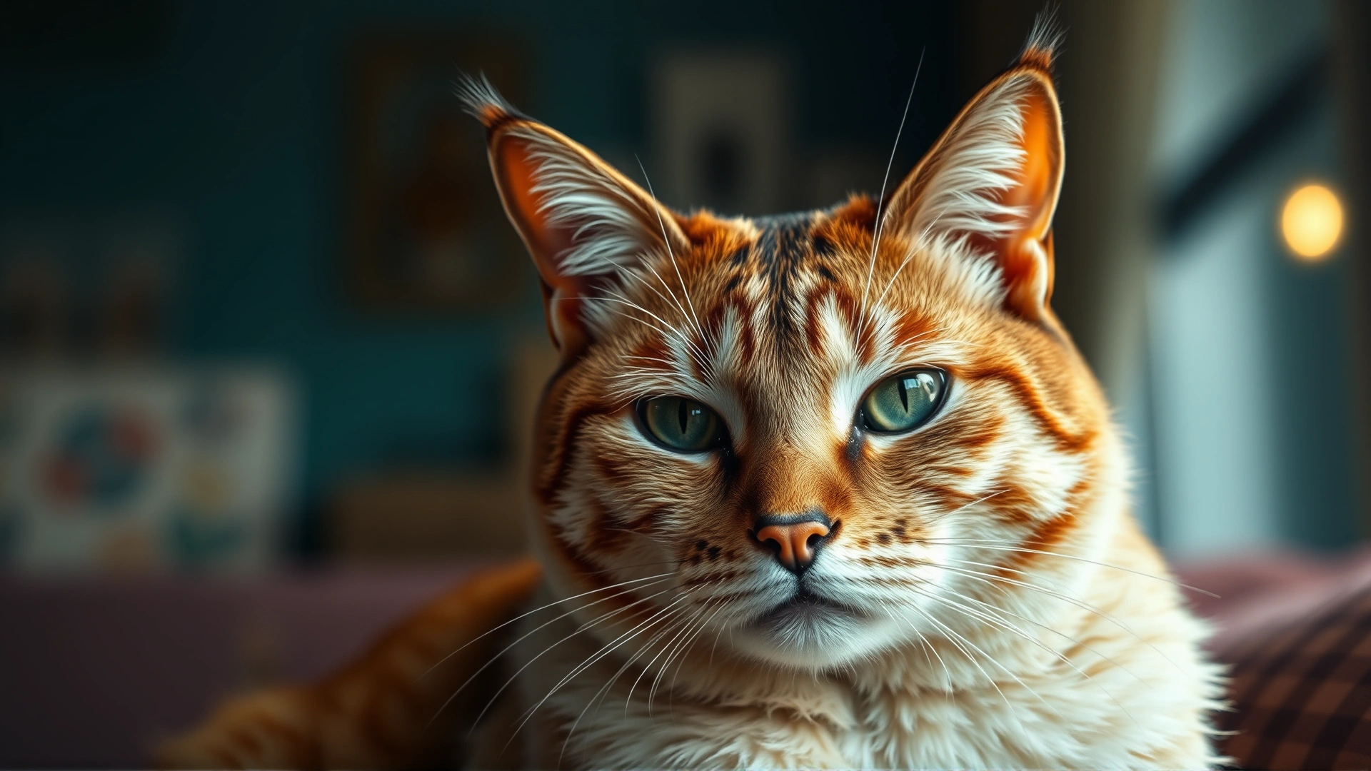 Portrait of an elderly domestic cat with slightly cloudy eyes sitting calmly indoors, warm ambient lighting, no text