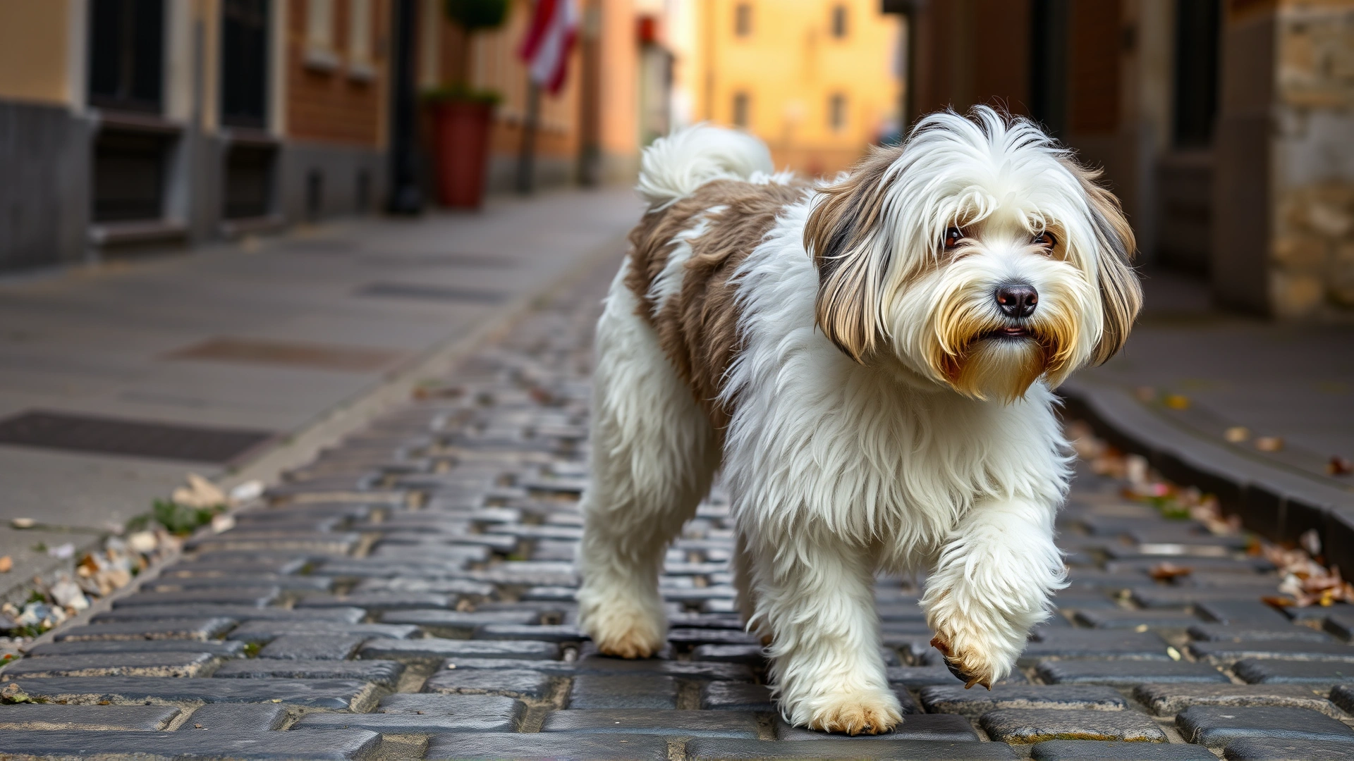 An Old English Sheepdog walking down a cobblestone street with its fluffy fur covering its eyes.