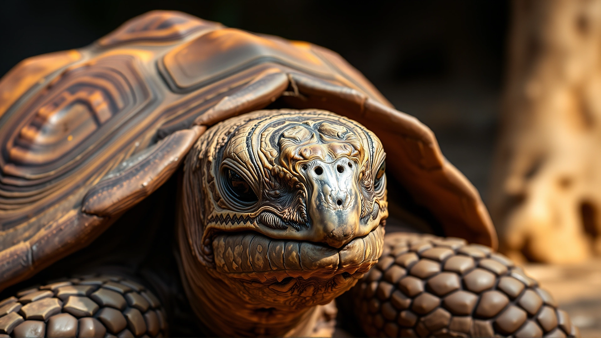 Portrait of a giant Seychelles tortoise with weathered shell and wise expression, warm natural light, shallow depth of field emphasizing age lines