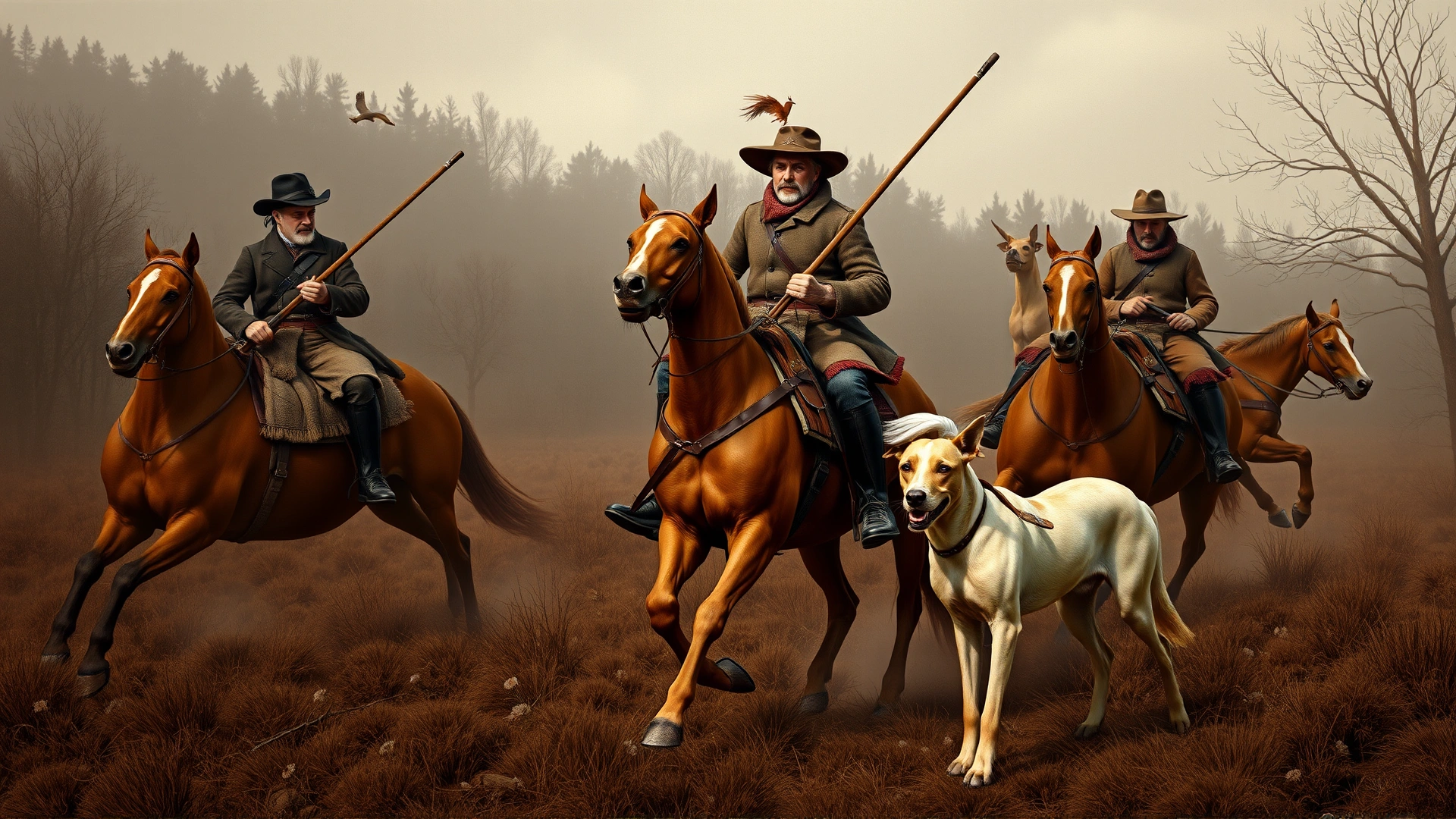 Historic-style illustration of Hungarian nobles hunting with Vizsla dogs on horseback, muted earthy tones