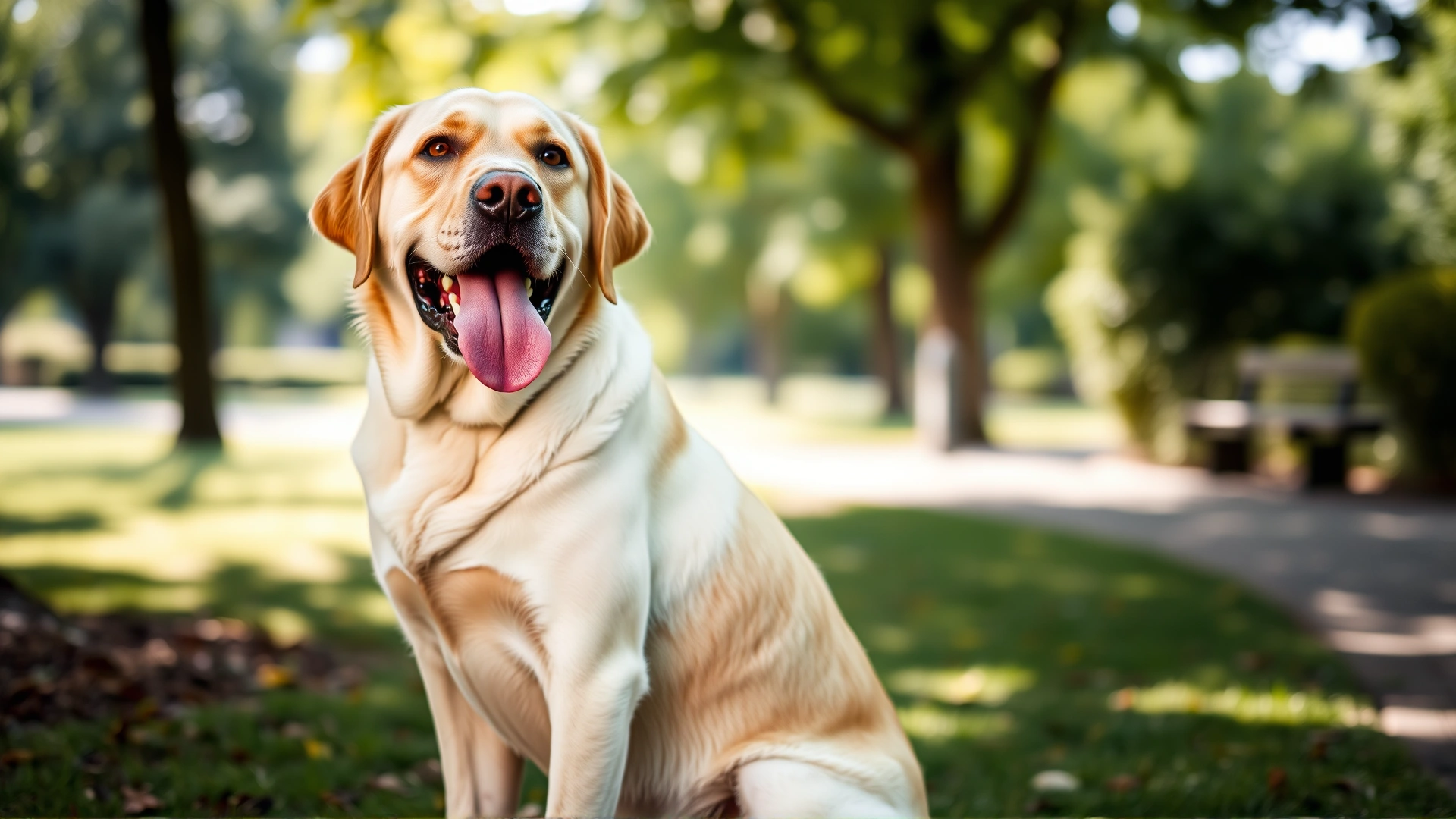 Senior Labrador Retriever sitting and panting lightly in a shaded park, soft focus background, no text