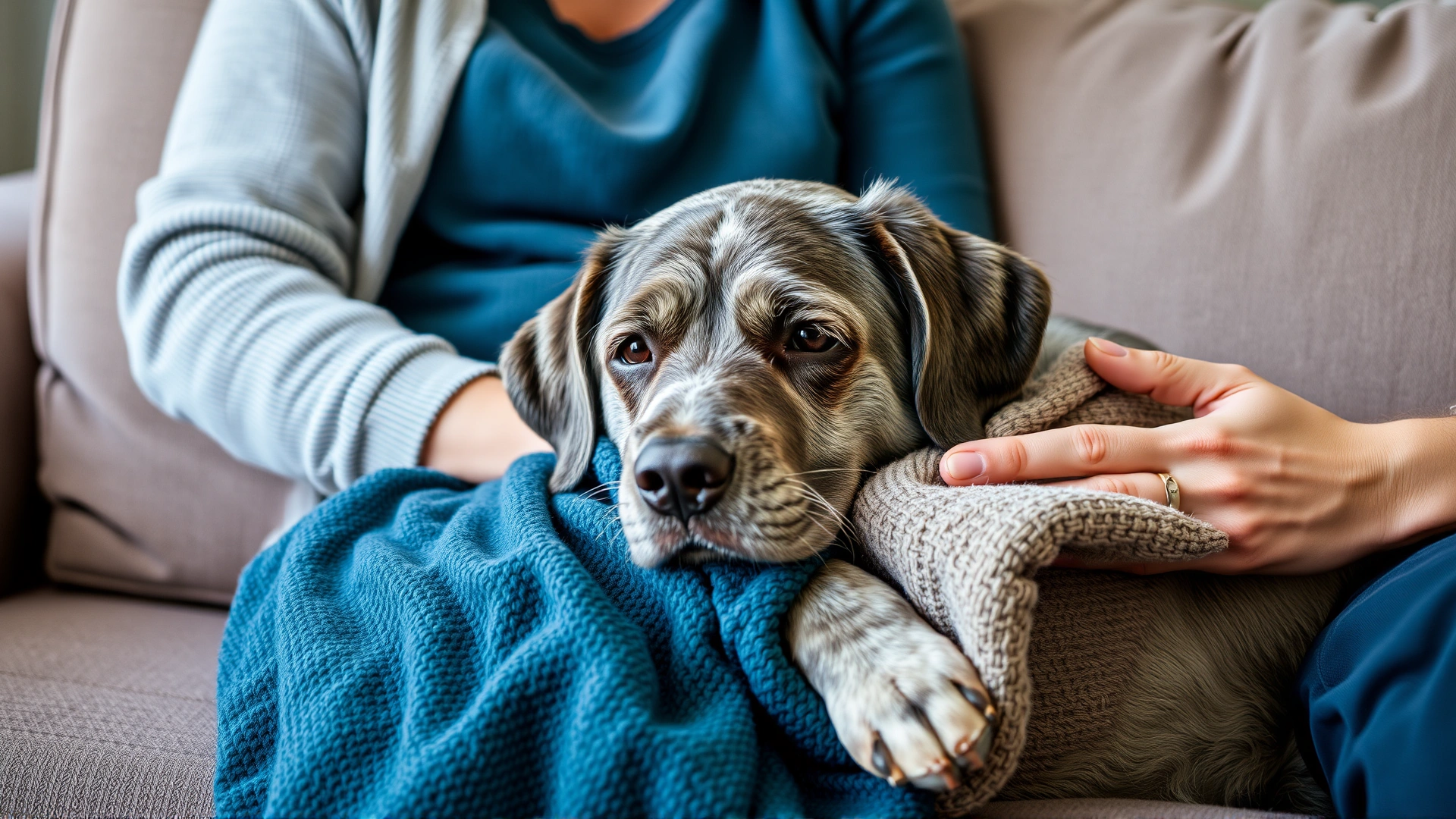 Gentle scene of an elderly gray-muzzled Labrador lying on a couch with a caring owner covering it with a blanket, highlighting senior pet care.