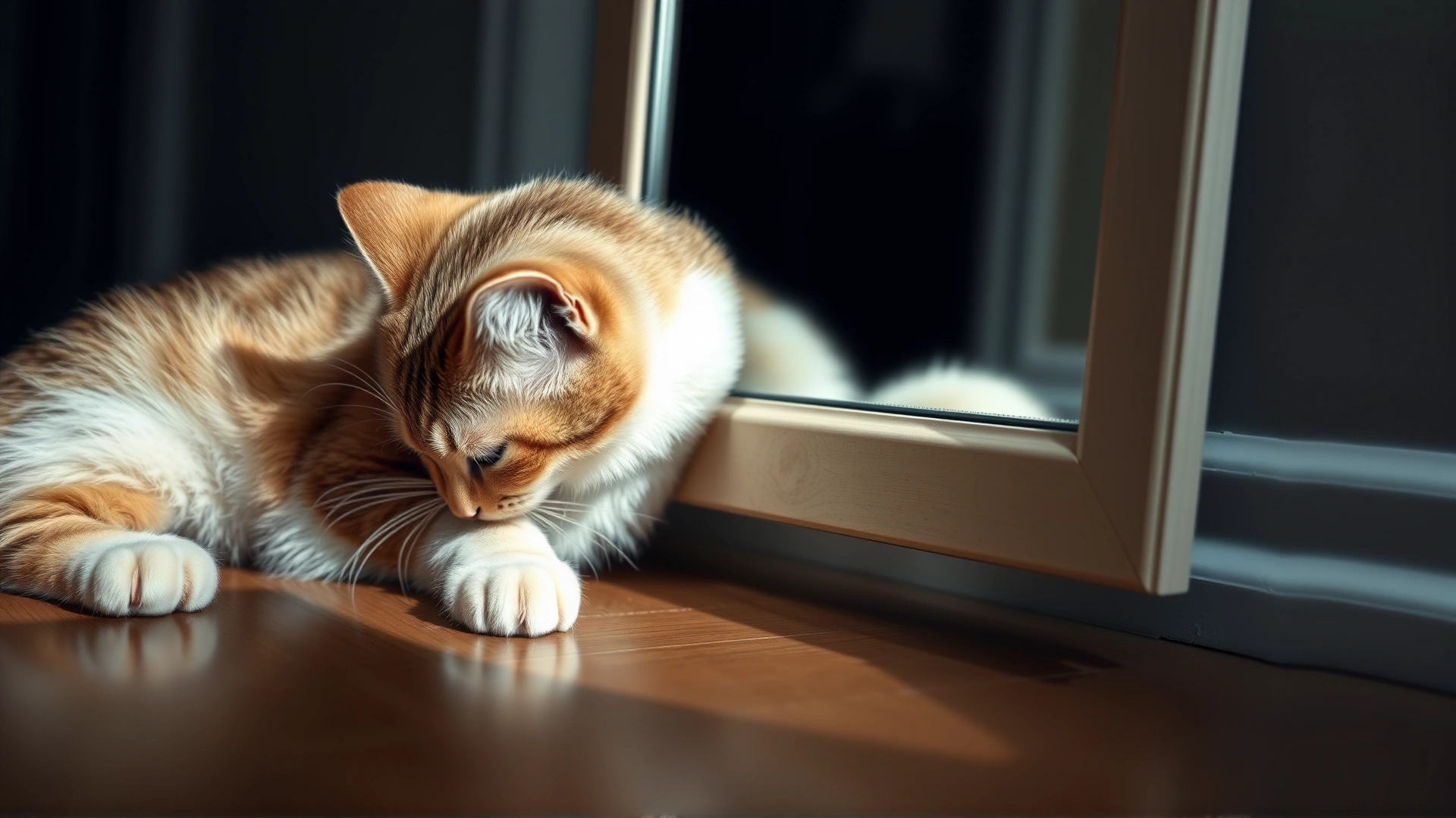Domestic cat sniffing the edges of a mirror placed on wooden flooring, emphasizing olfactory investigation