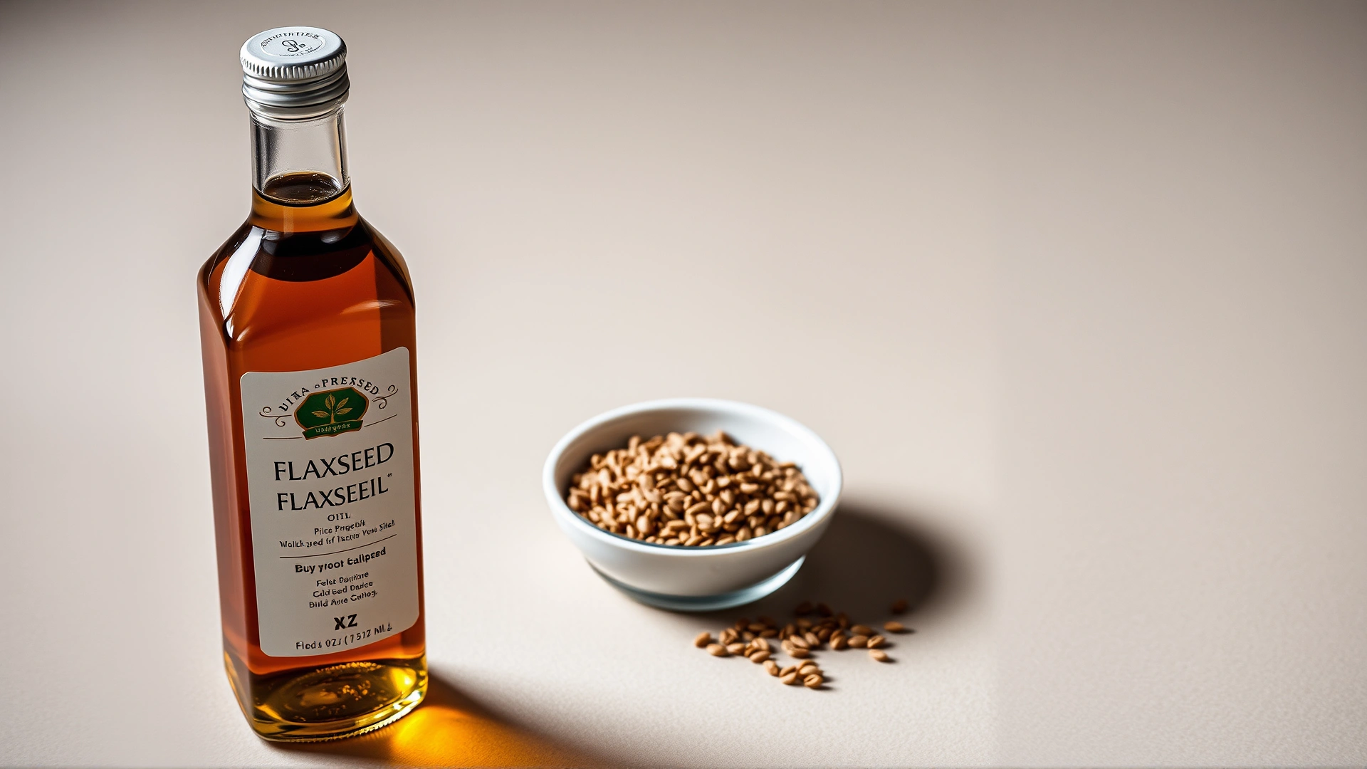 Bottle of cold-pressed flaxseed oil alongside a small dish of ground flaxseed, photographed on a neutral backdrop, studio lighting.