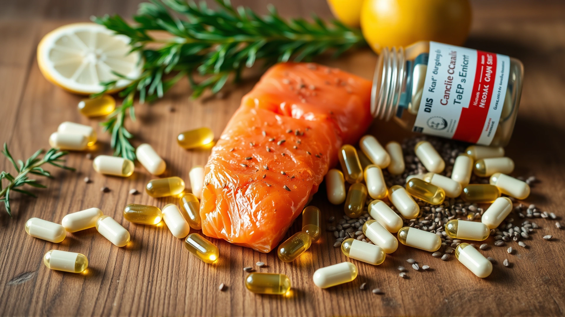 Flat lay of fish oil capsules scattered next to fresh salmon and flaxseeds on a wooden table, bright natural light