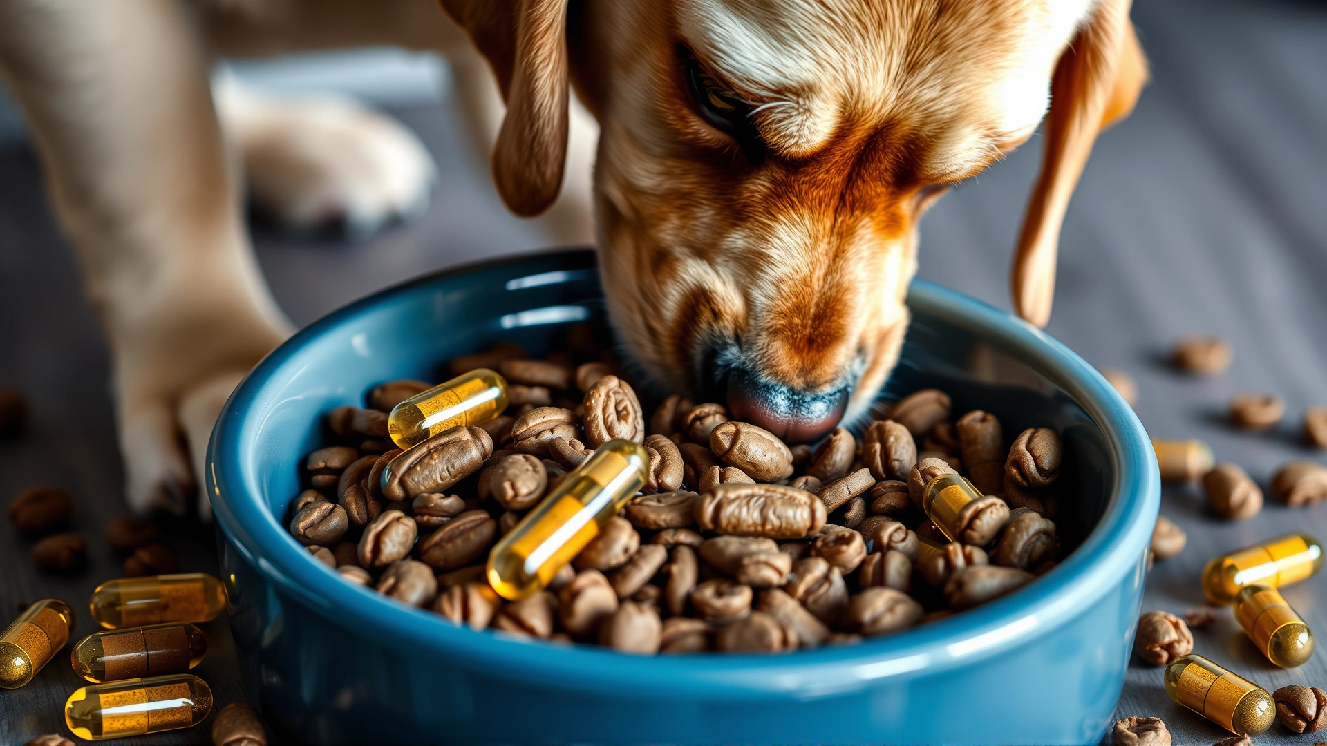 Bowl of dry dog food with glossy fish-oil capsules scattered around, a Labrador Retriever curiously sniffing them.