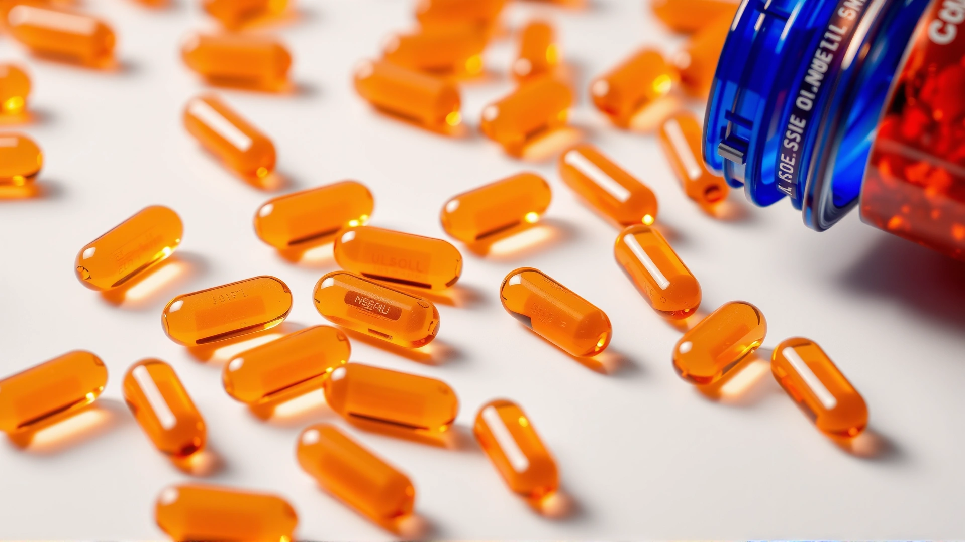 Macro shot of translucent orange fish oil capsules scattered on a white surface, bright lighting, high detail