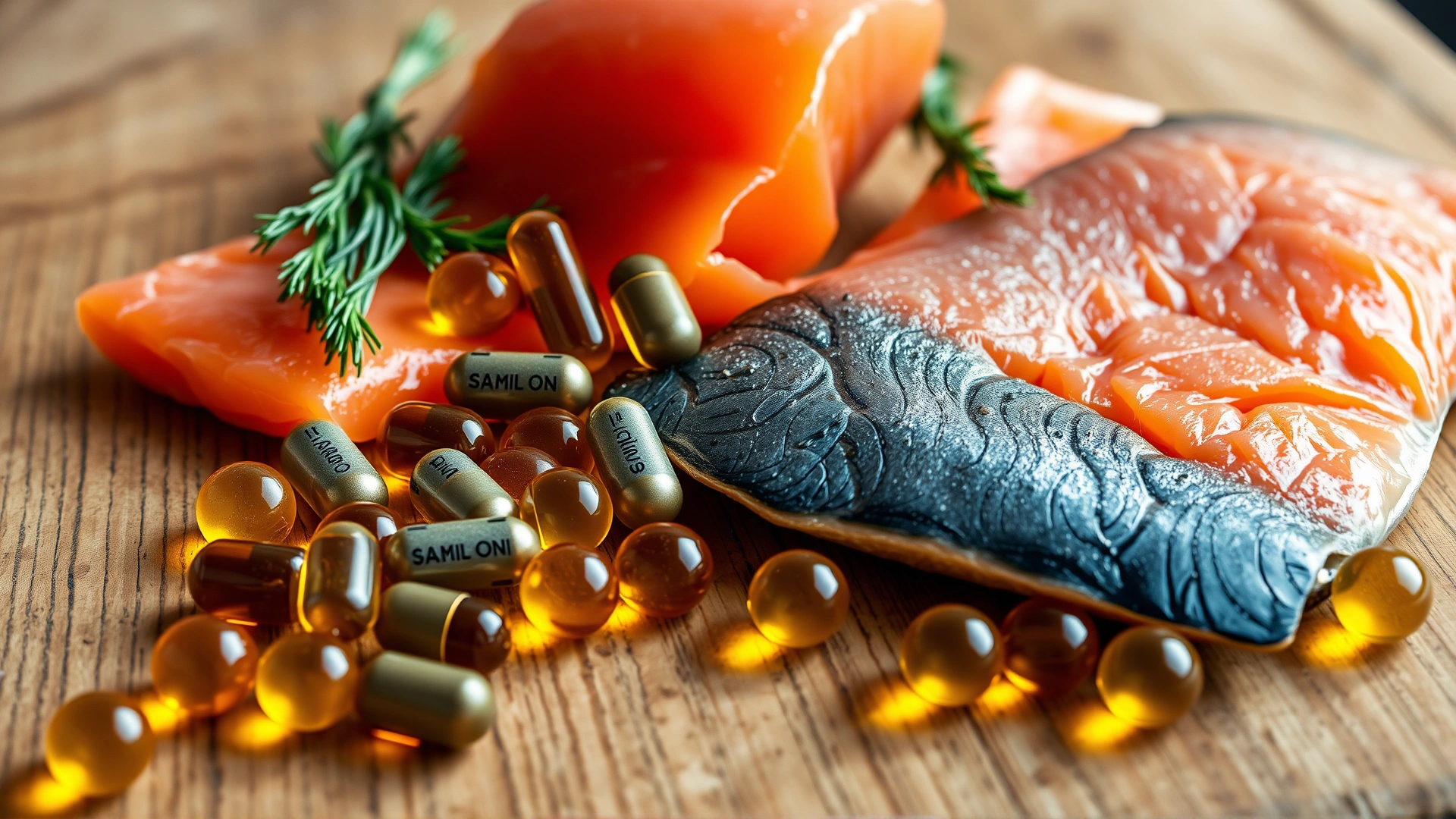 Assortment of fish oil capsules scattered beside fresh salmon pieces on a wooden table, bright natural lighting