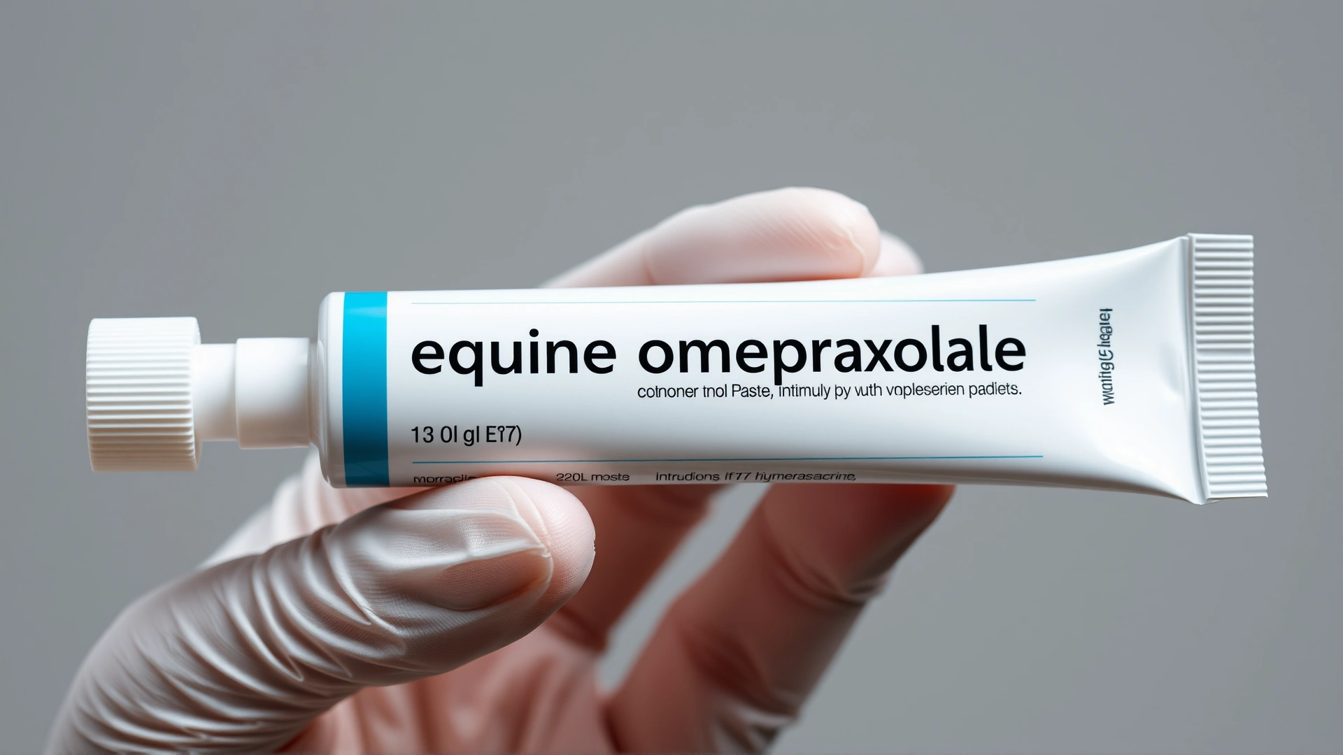 High-resolution photo of a tube of equine omeprazole paste (without visible brand names) being held by a gloved hand