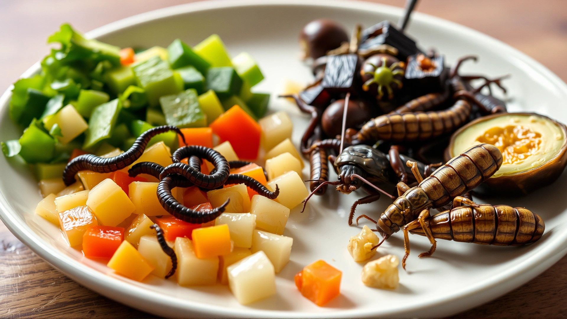 Split plate showing half chopped vegetables and half live insects like mealworms and dubia roaches, photographed in soft daylight.