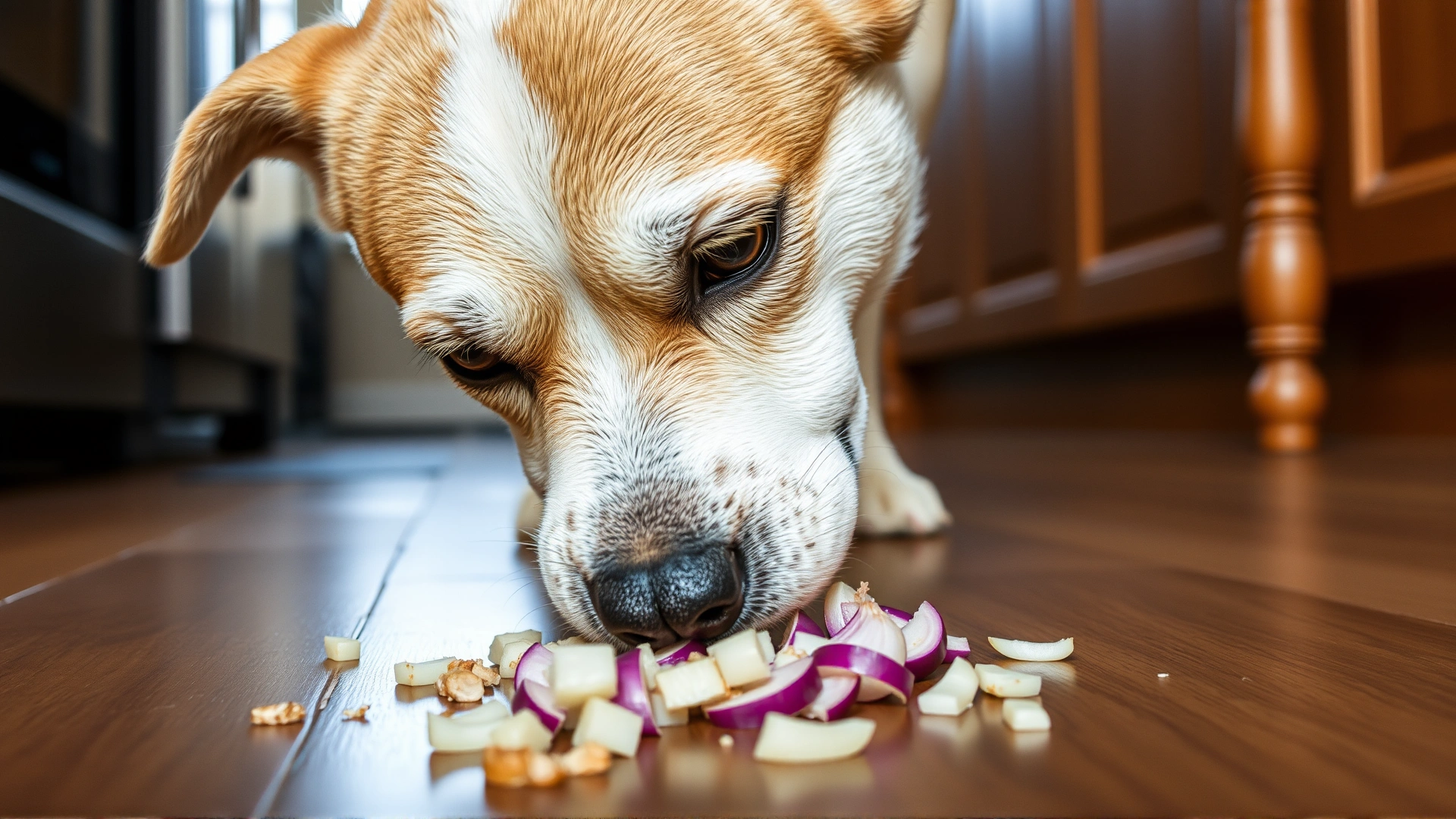 Close-up of a curious dog sniffing chopped onions on a kitchen floor, highlighting potential danger, natural lighting.