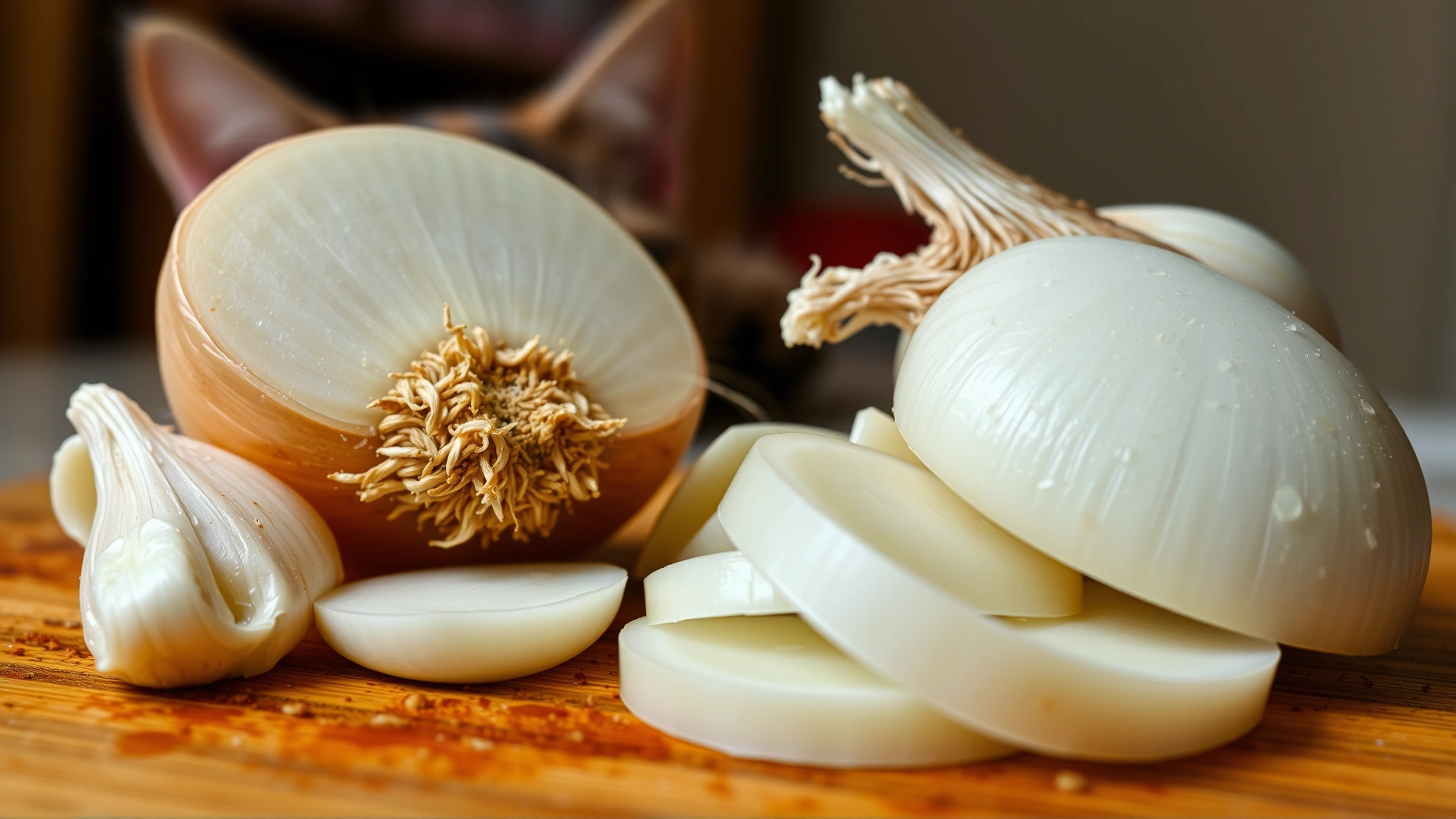 Close-up of sliced onions and garlic bulbs on a wooden cutting board with a blurred curious cat in the background.