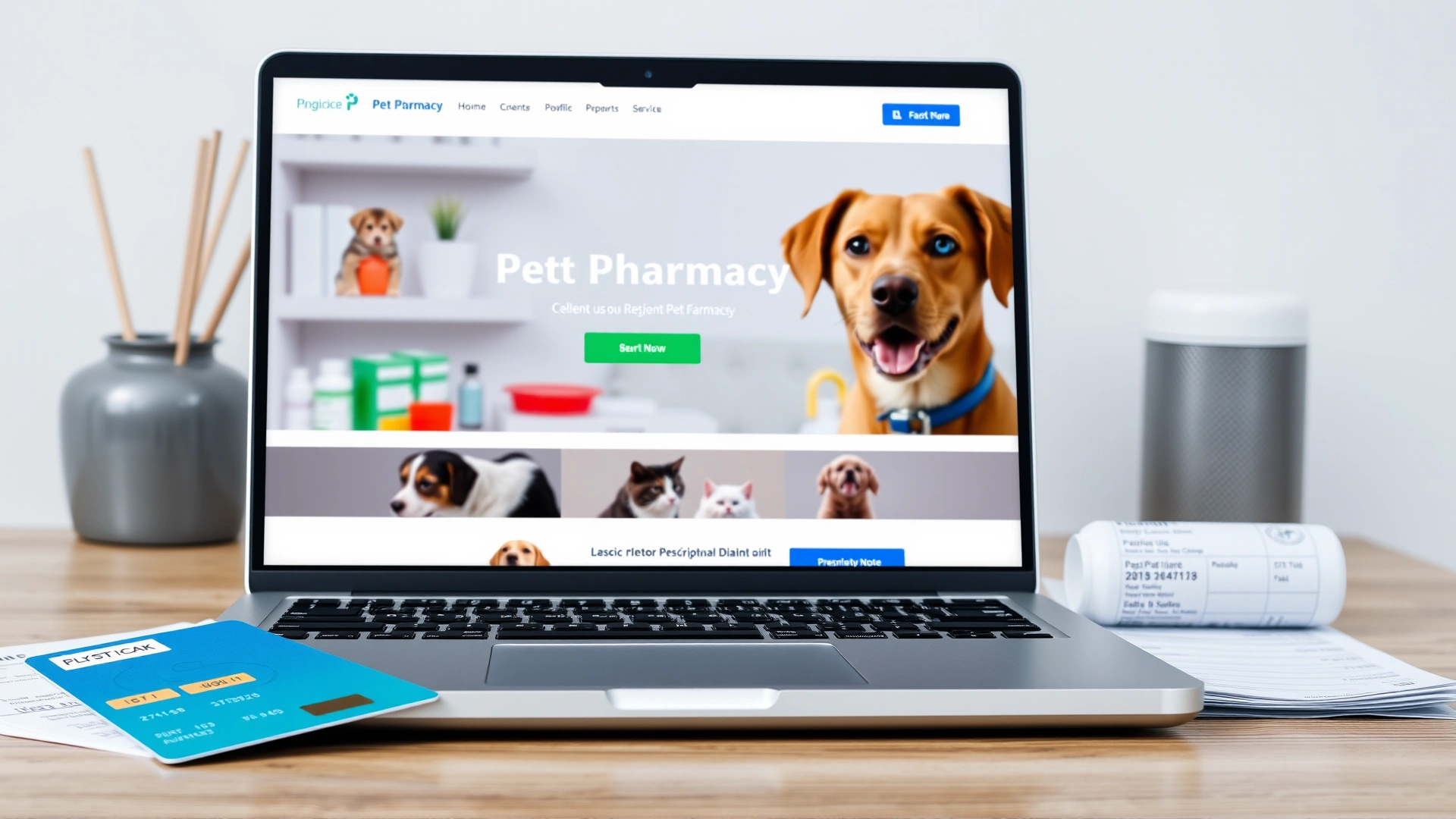 Laptop screen displaying a reputable online pet pharmacy website, credit card and prescription note beside it
