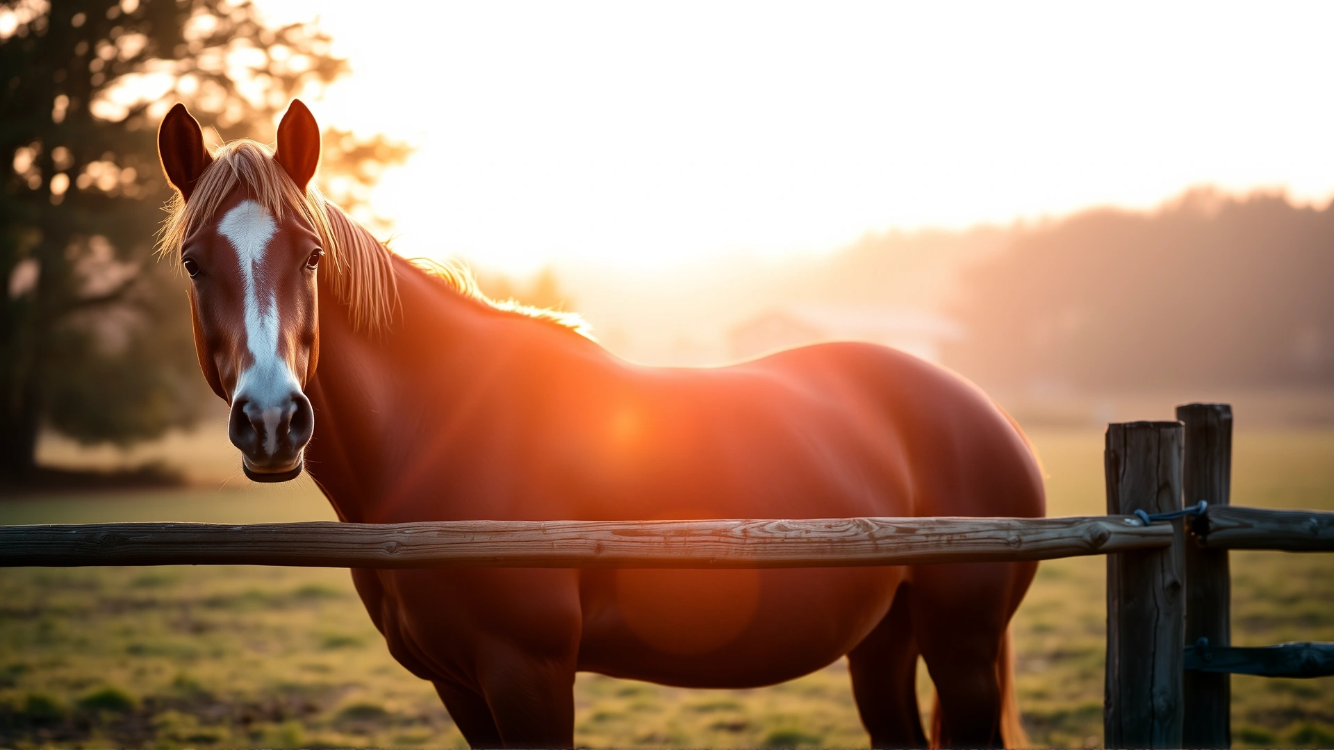 A calm horse standing by a fence at sunrise, with warm backlighting, representing overall horse health and well-being.