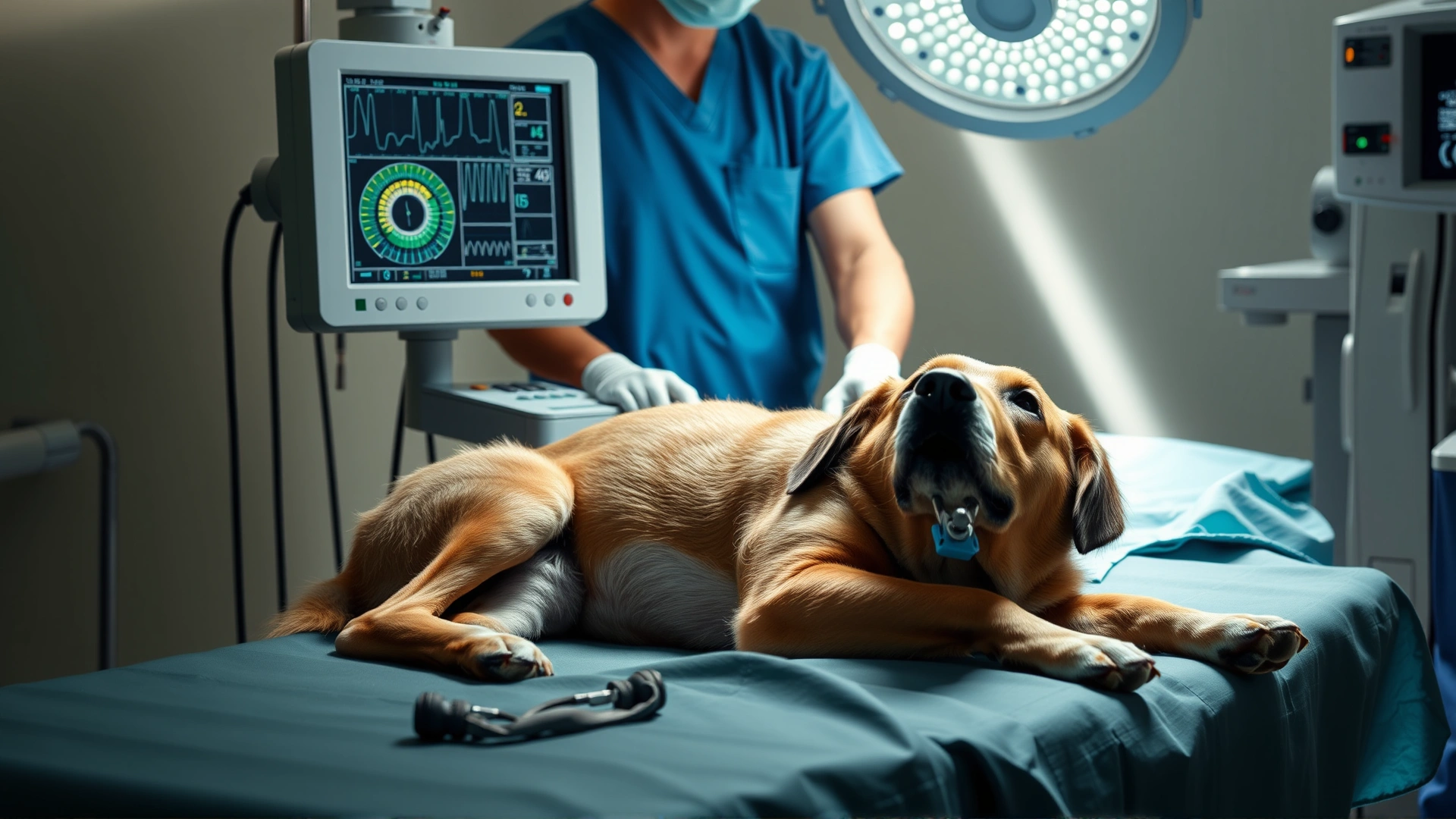 Veterinary surgery scene where a dog is under anesthesia on an operating table while a surgeon in scrubs adjusts medical monitors