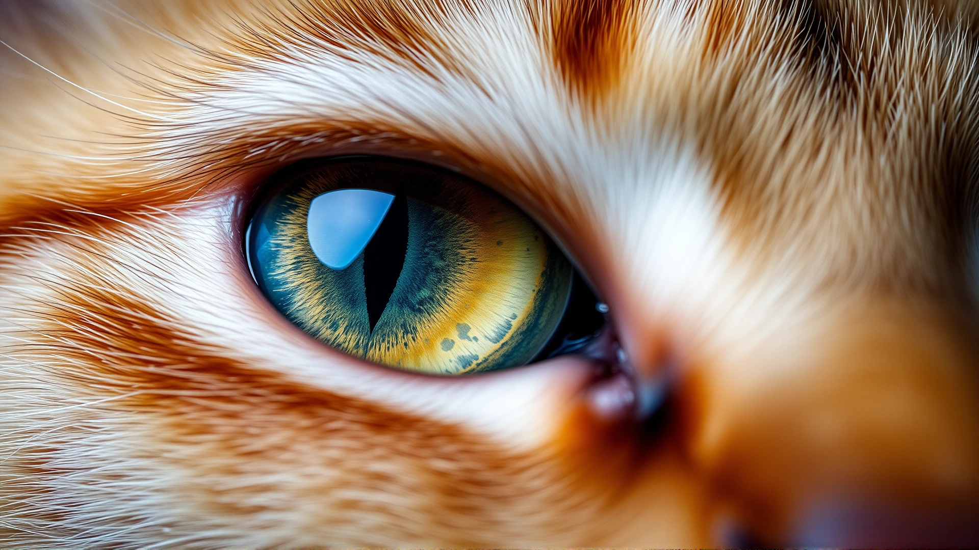 Extreme macro photo of a cat eye with clear detail of the iris and optic nerve head, vibrant colors, studio lighting, high resolution