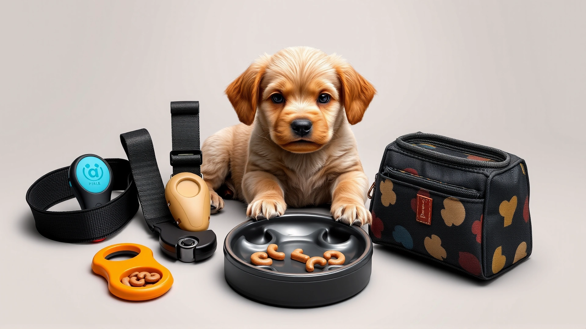 Assorted optional puppy accessories including a car seat belt, clicker, puzzle feeder, and treat pouch displayed on a neutral background.