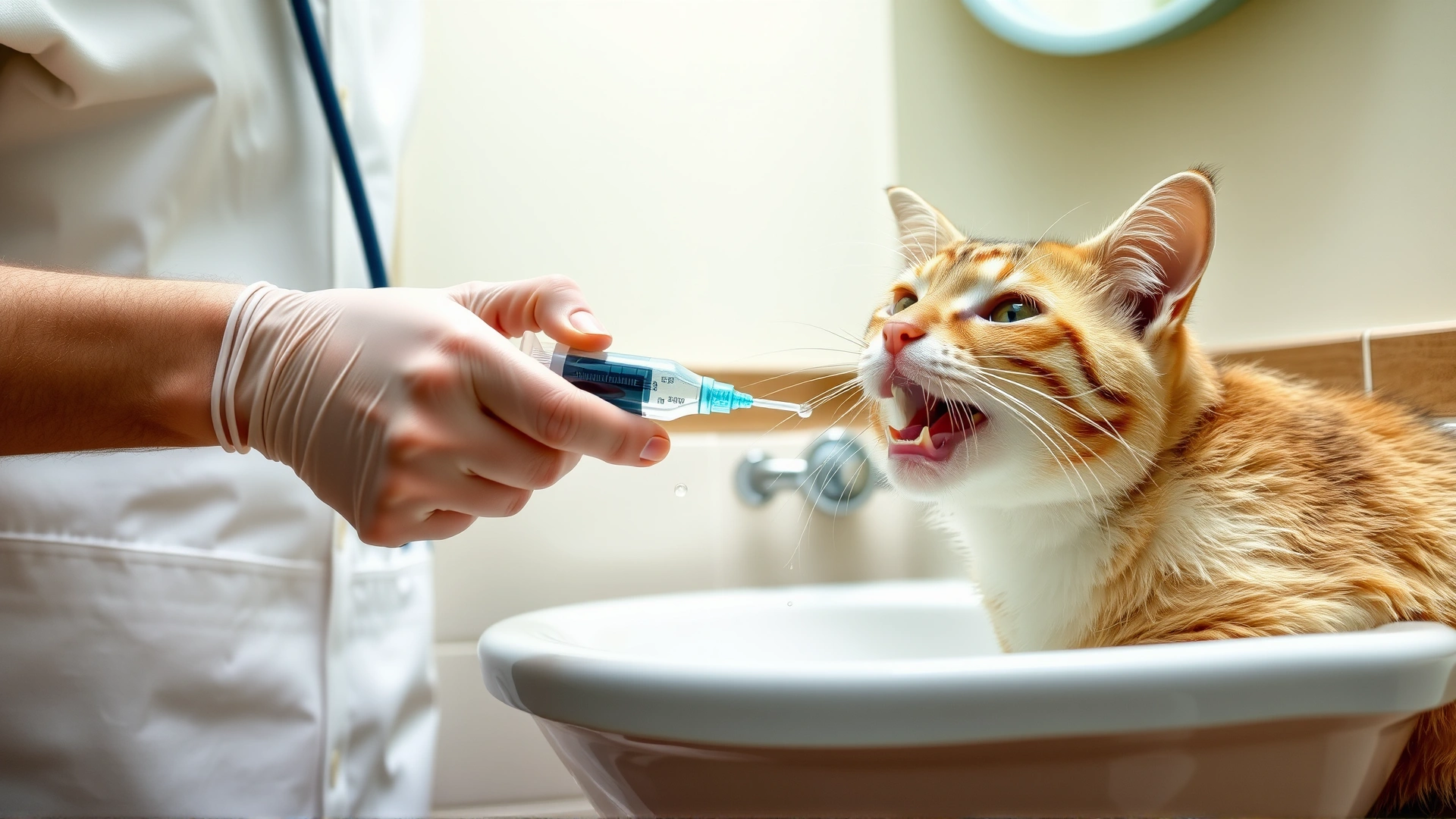 Pet owner gently rinsing a cat's mouth with a small syringe of water over a bathroom sink.