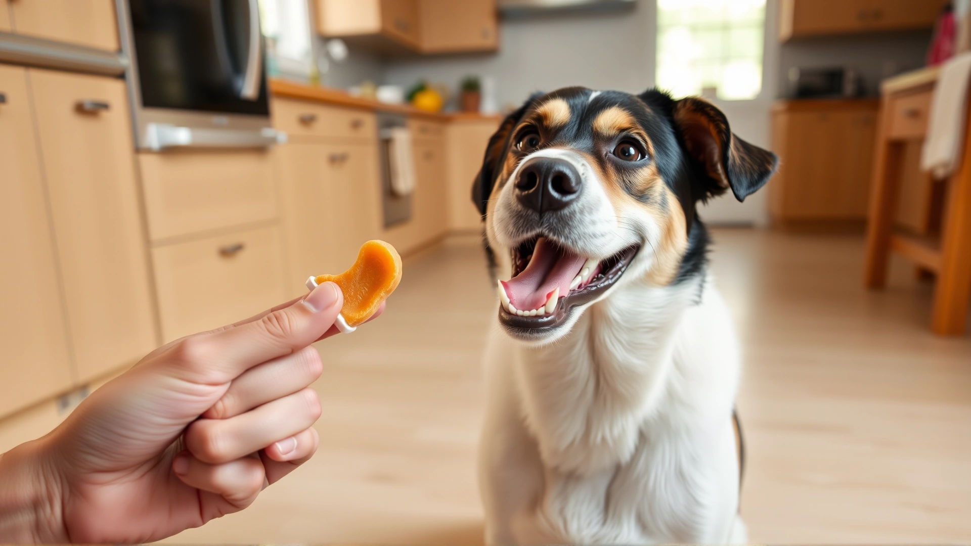 Smiling dog sitting on kitchen floor eagerly taking a flavored heartworm prevention chew from its owner's hand. Warm indoor lighting.
