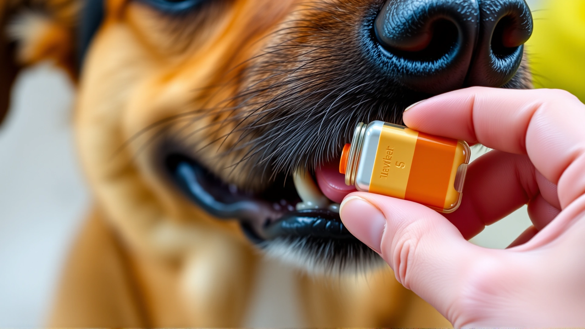 Close-up of a human hand offering a flavored chewable tablet to an eager dog, emphasizing oral heartworm medication.