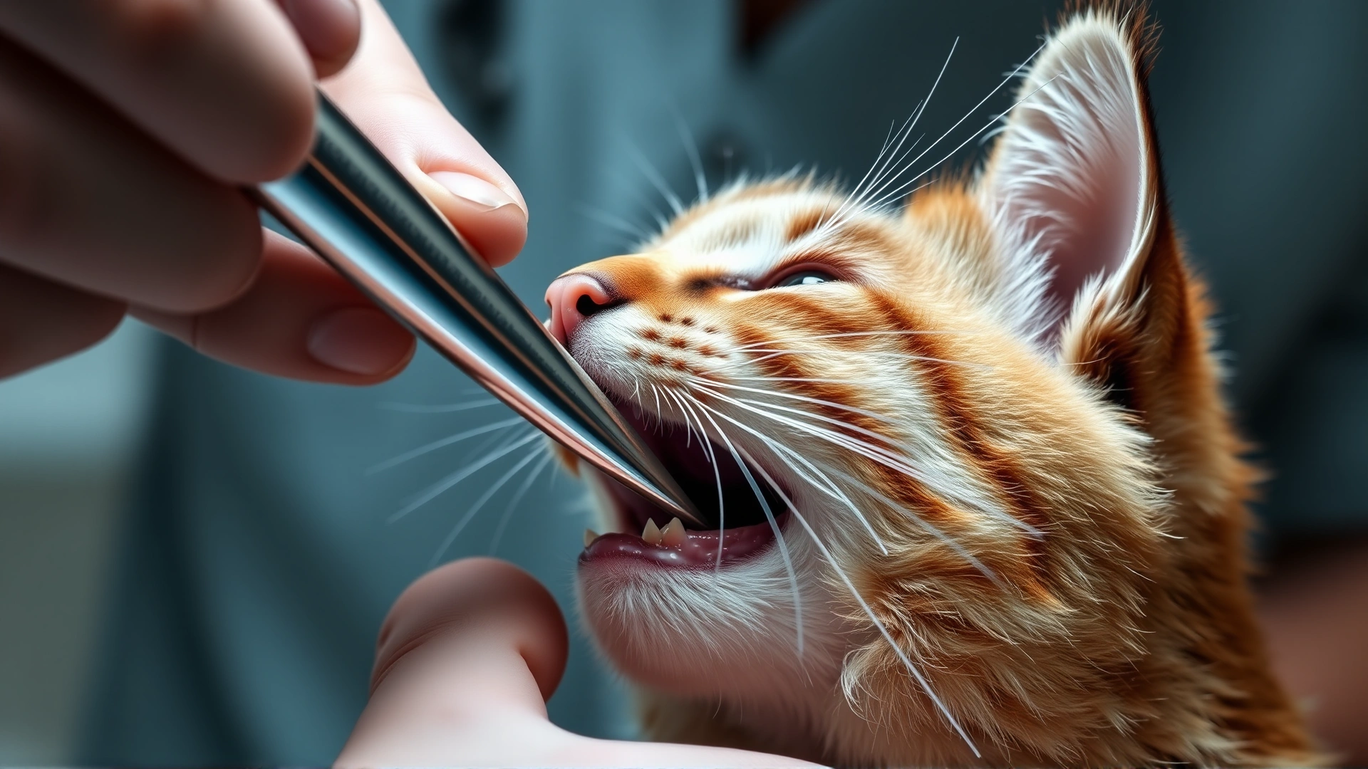 Medium shot of a veterinarian using a mouth speculum to inspect a cat's oral cavity, focus on hands and feline mouth, no text