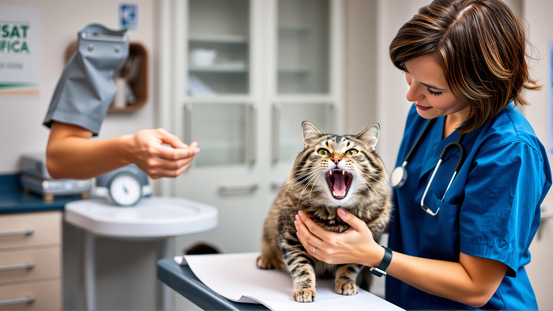 Veterinarian wearing blue scrubs gently examining a gray tabby cat's open mouth on an examination table in a well-lit clinic.