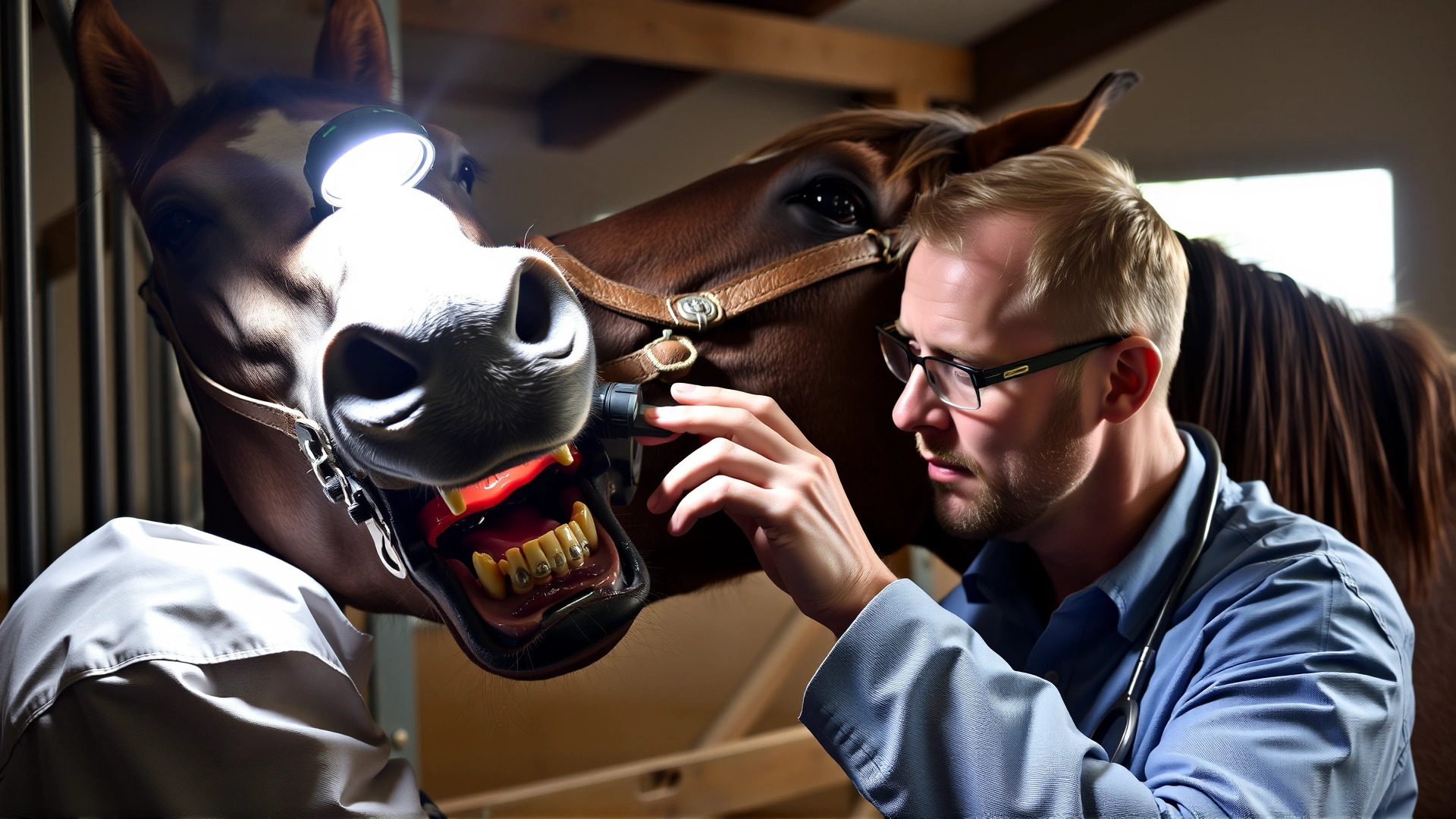 Equine veterinarian gently opening a horse's mouth and inspecting its teeth with a headlamp inside a stable, illustrating the dental examination process.