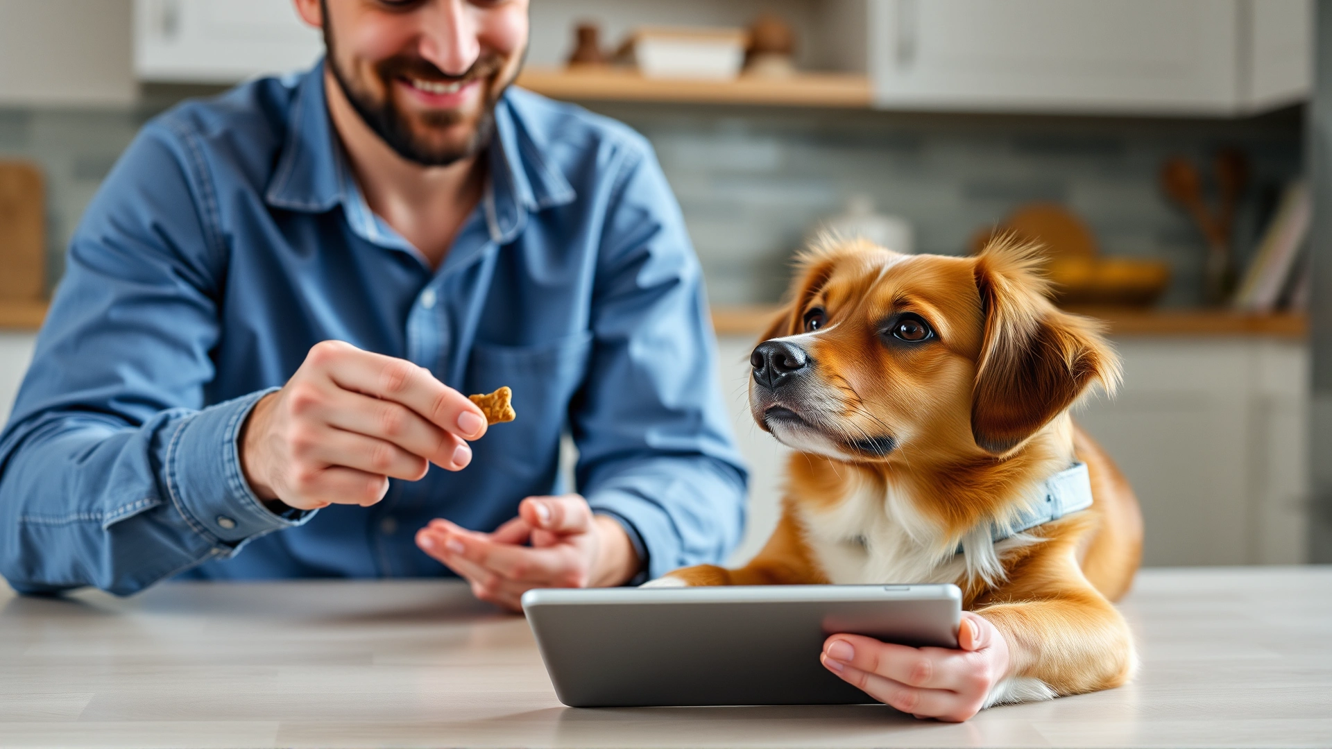 Owner giving a tablet hidden in a treat to a relaxed dog at home kitchen table