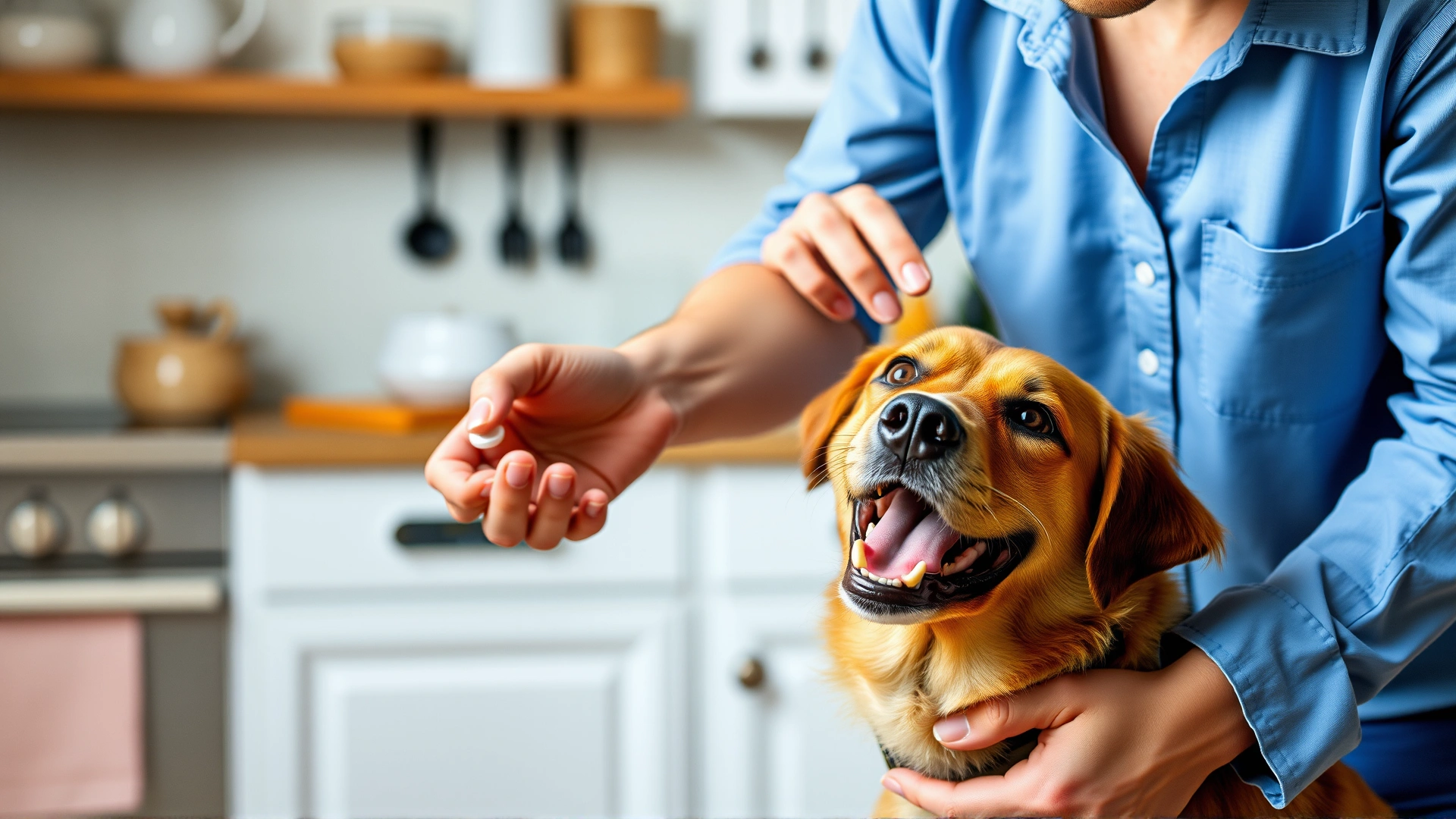 Pet owner giving a chewable flea tablet to a happy dog in a kitchen setting