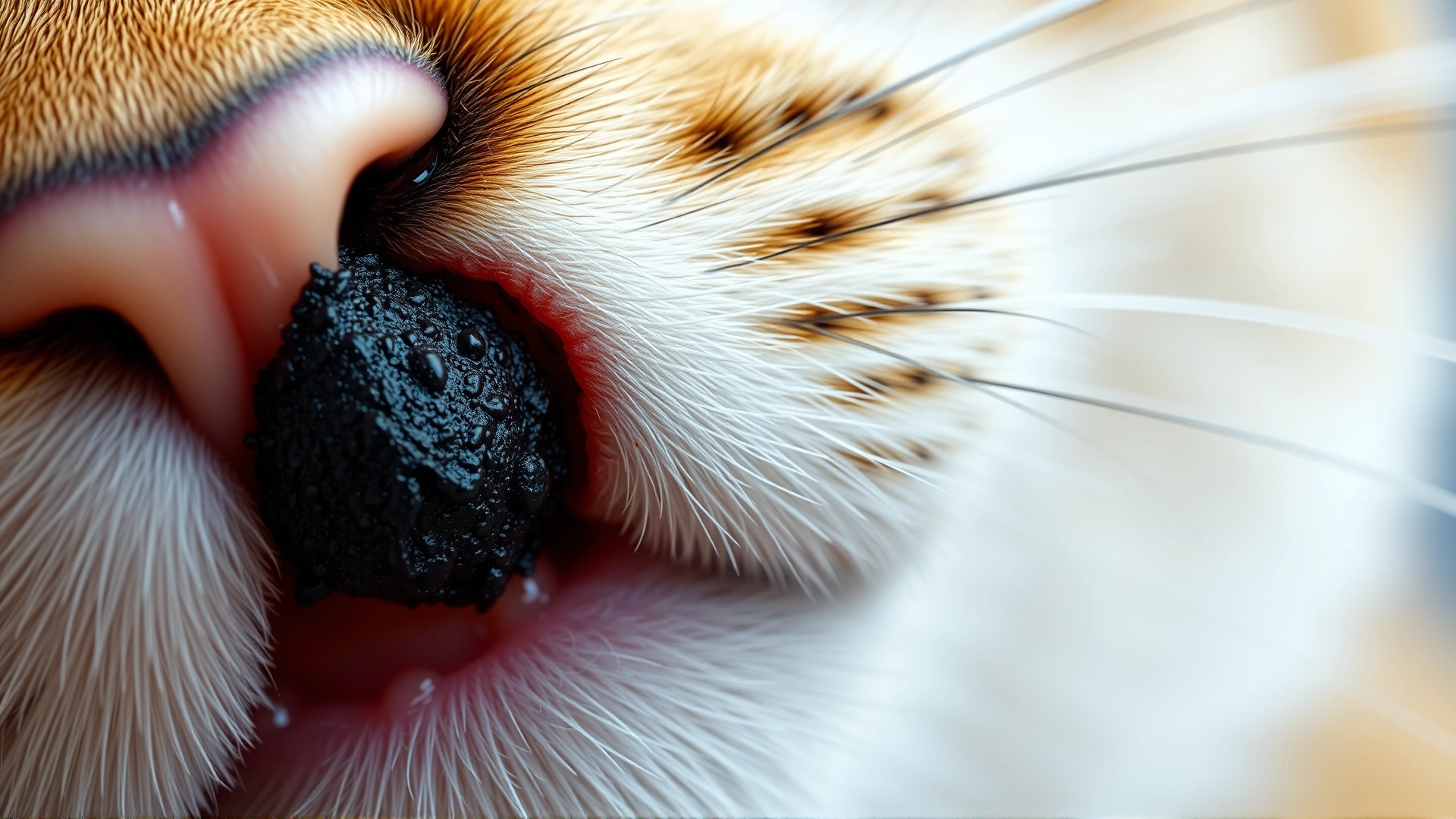 Macro close-up of a cat's gum showing a small melanocytic tumor (dark pigmented mass) on the gingiva, detailed texture, clinical background