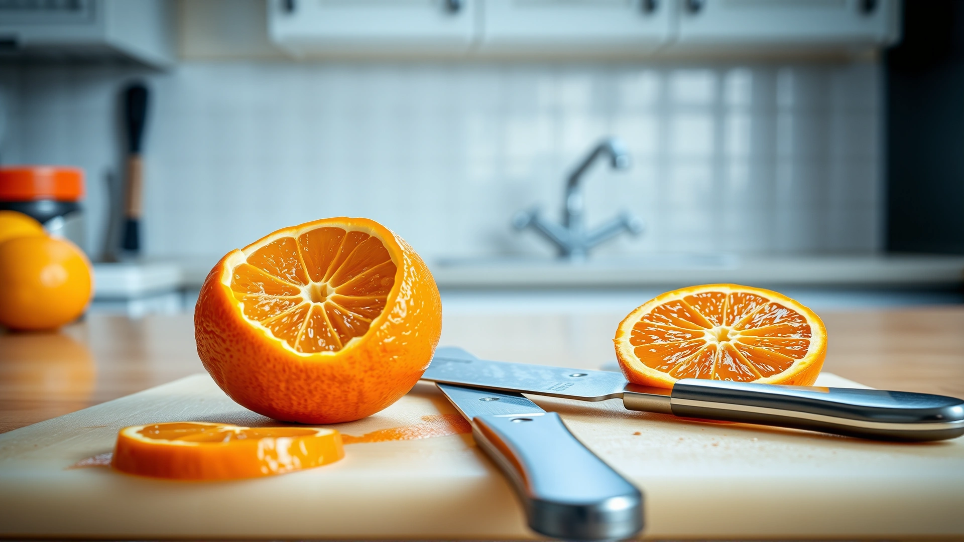 A sequence-style photo showing peeled orange with seeds removed and segments neatly arranged on a cutting board with a pet-safe knife, bright kitchen background