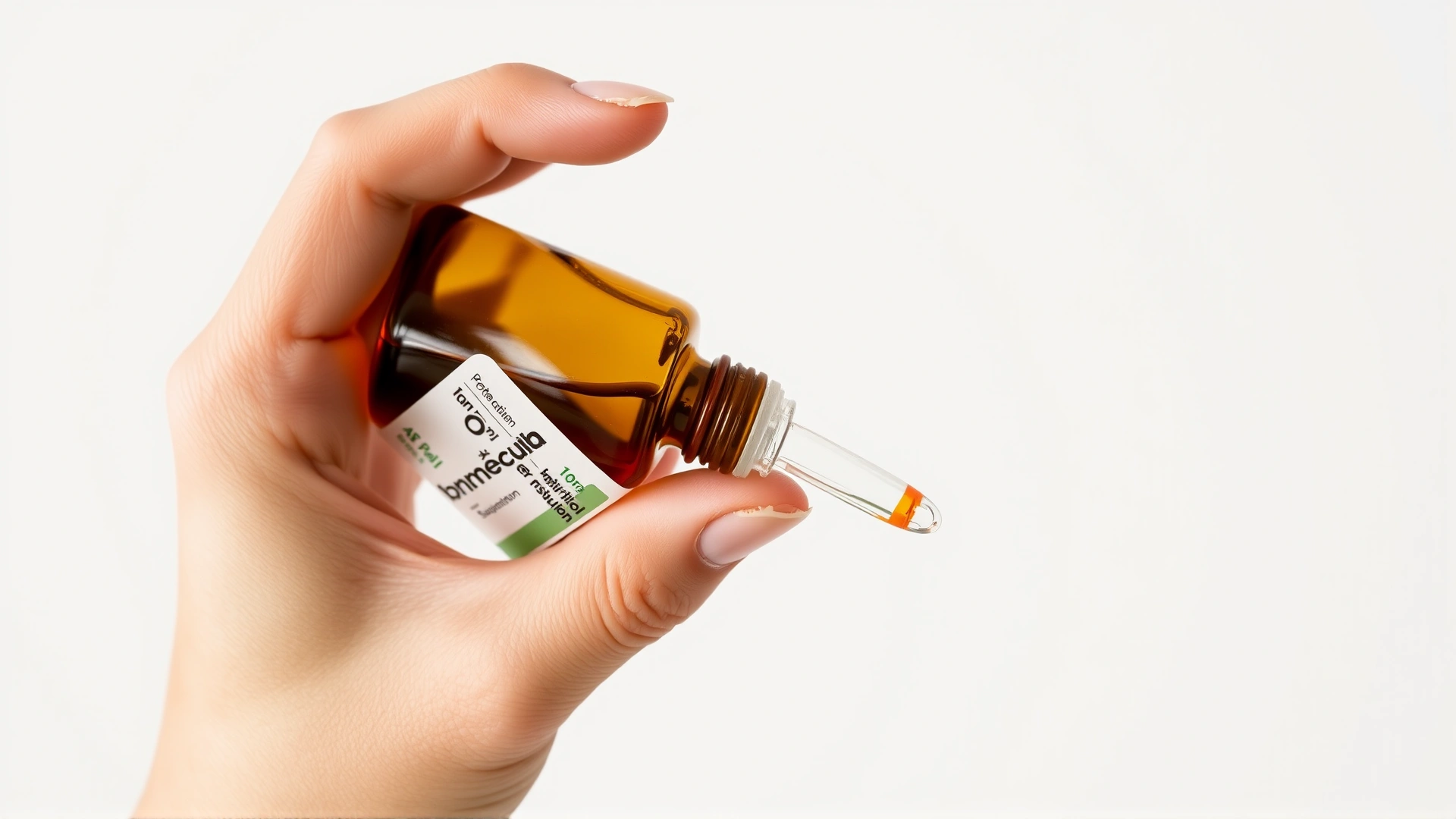 Close-up of a hand holding an amber bottle of oral pet antibiotic suspension against a plain white background