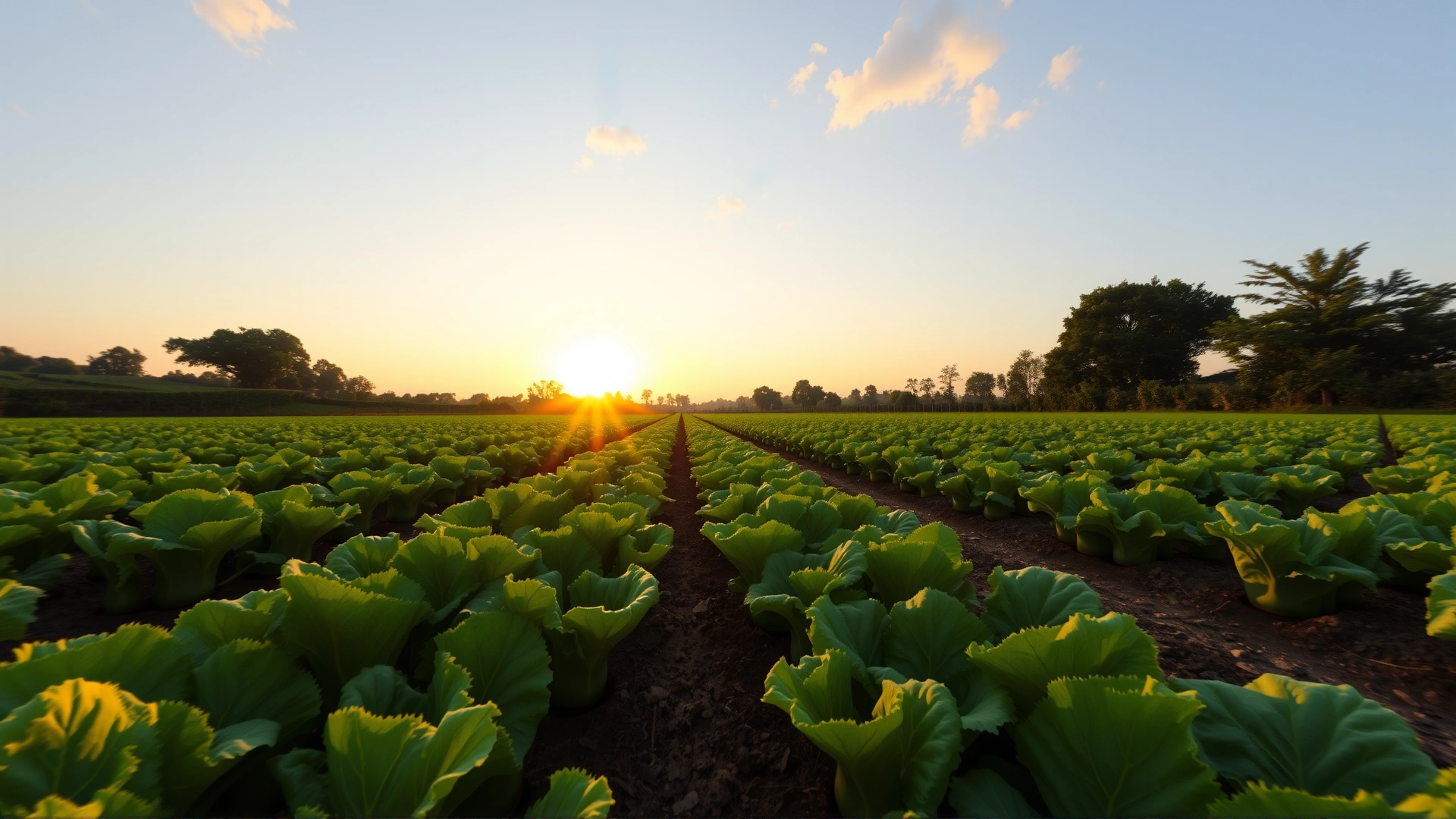 Wide-angle shot of a lush organic farm field with rows of leafy greens and the sunrise in the background, no text on image