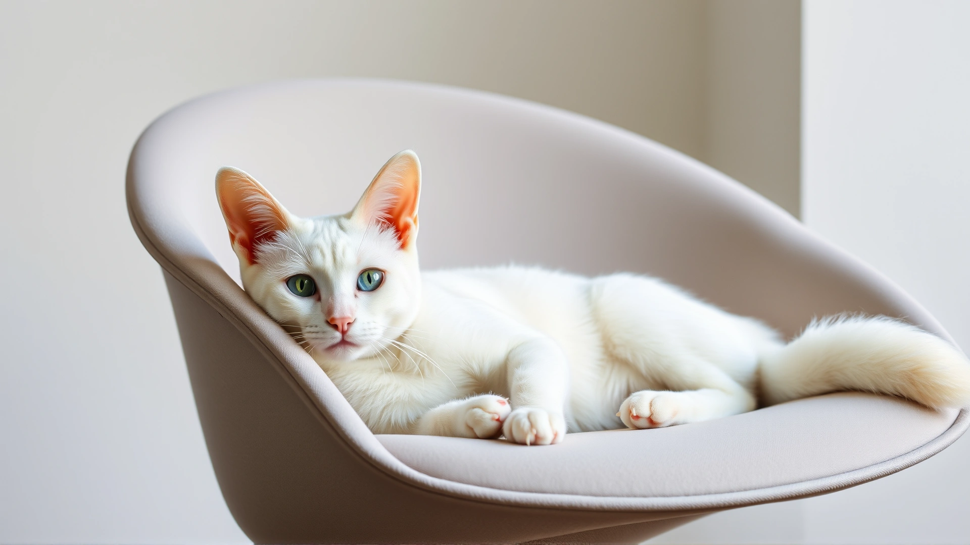 Sleek white Oriental Shorthair lounging on a modern chair, long ears prominent, no text