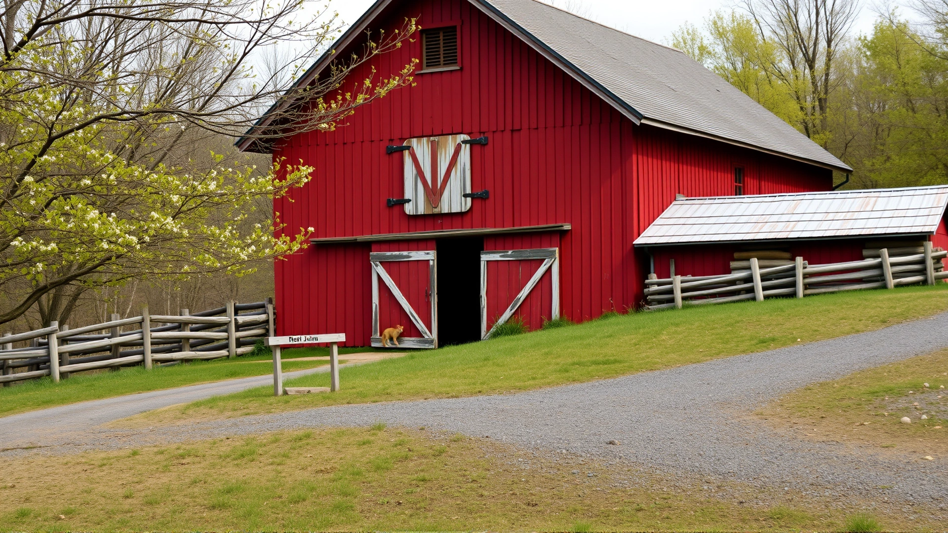 Rustic red barn in upstate New York during spring, with a subtle silhouette of a cat near the entrance, conveying the breed's rural origins