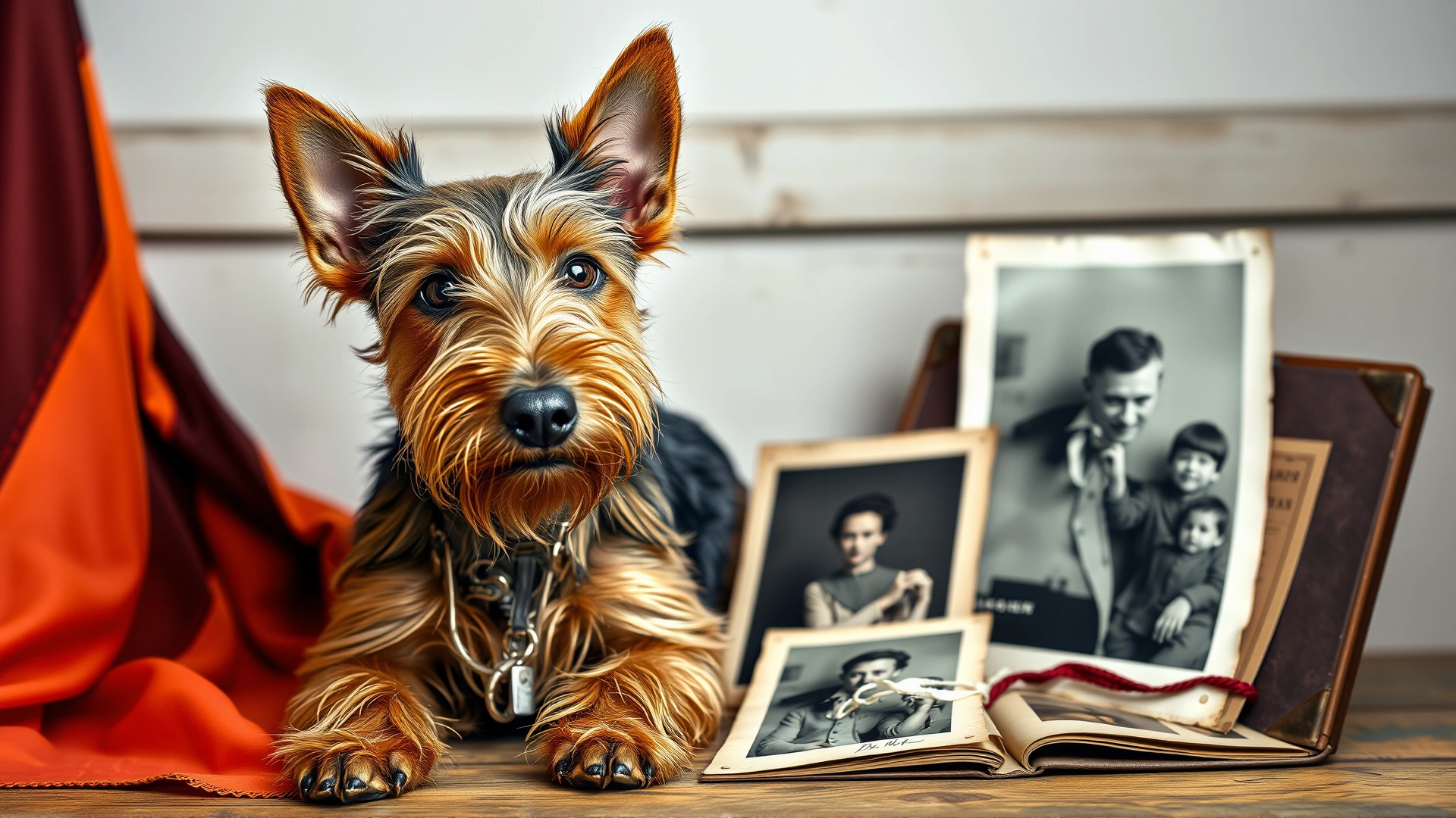 Vintage-style image of a Biewer Terrier beside an old German flag and family photo album, symbolizing the breed’s German roots.