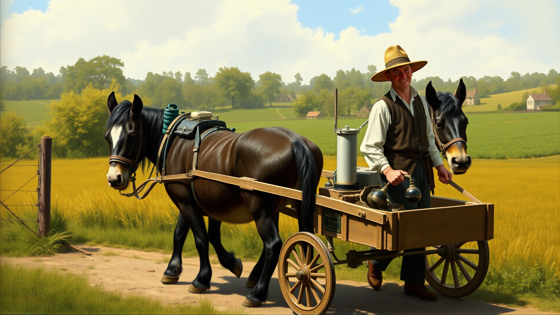 Vintage-style illustration of early 20th-century Flemish farmers working alongside a Bouvier des Flandres pulling a small milk cart through a rural landscape.