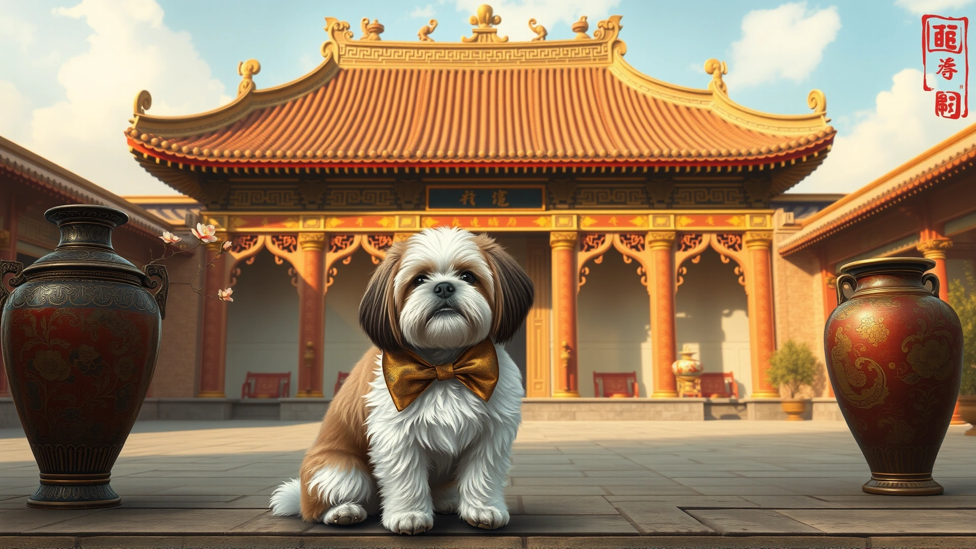 Illustrative, vintage-style depiction of an imperial Chinese palace courtyard with a Shih Tzu wearing a small silk bow sitting beside ornate vases