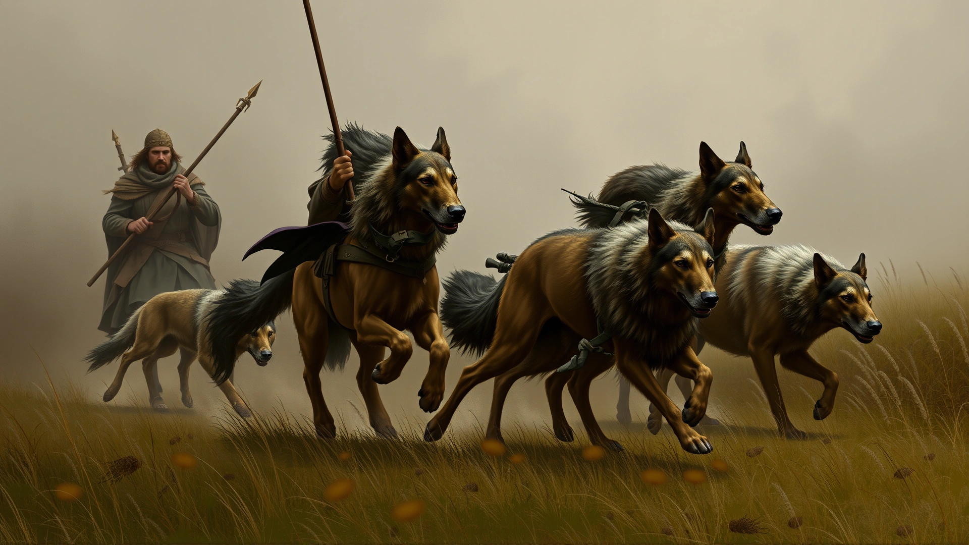Artistic medieval-style illustration of Irish hunters accompanied by Irish Wolfhounds chasing a wolf, muted earthy tones, no text