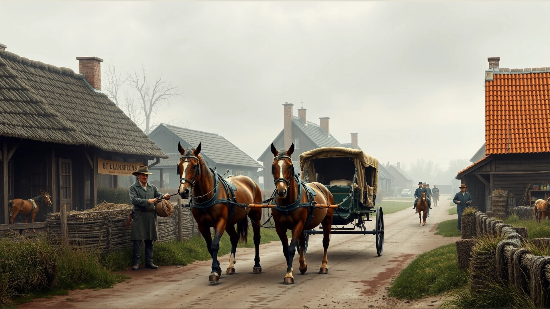 Vintage-style illustration of 19th-century Dutch farmers working with Gelderland horses pulling a carriage through a village street, muted earthy tones.