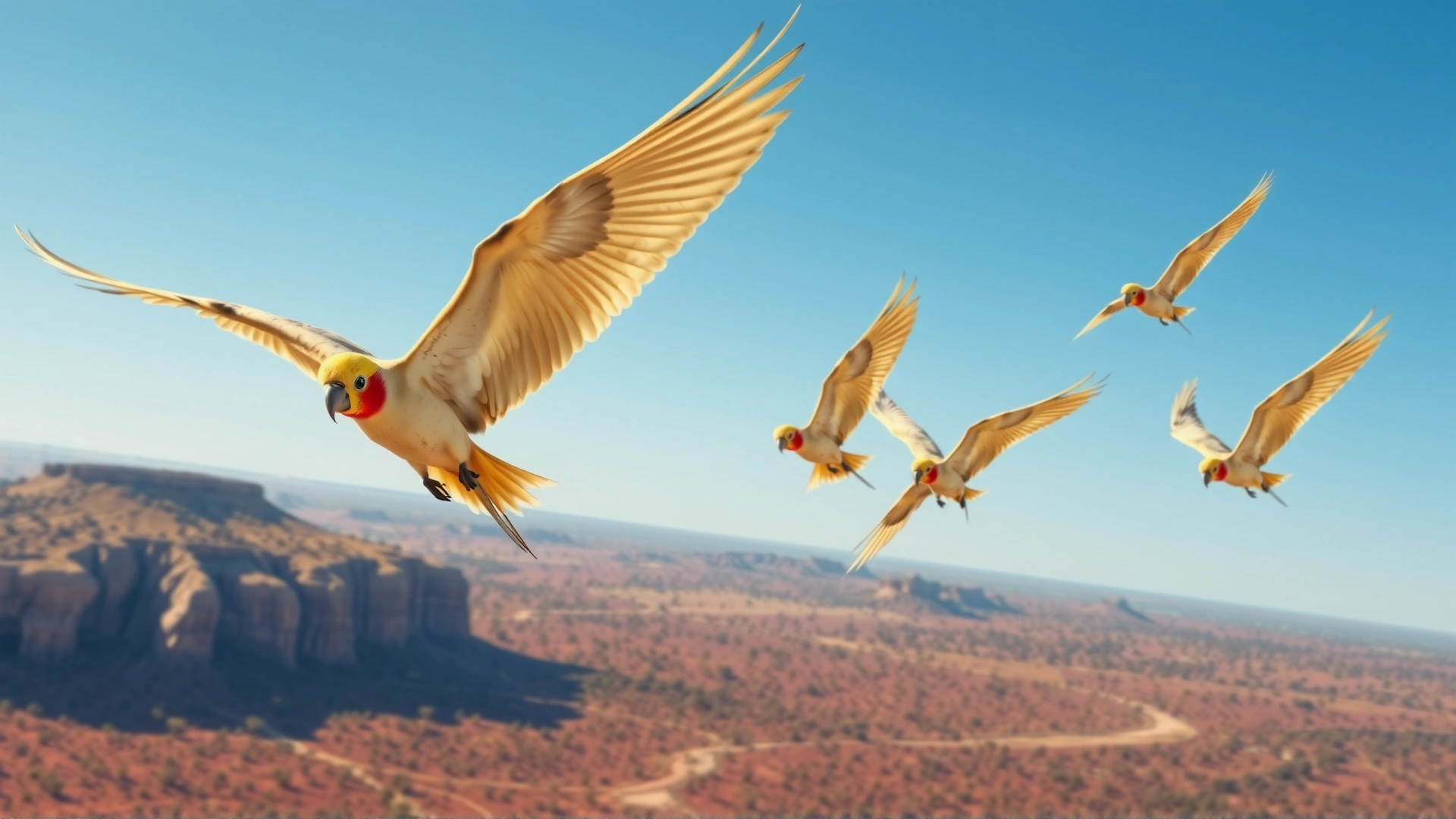 Illustrative photo of several cockatiels flying over an Australian outback landscape under blue skies.