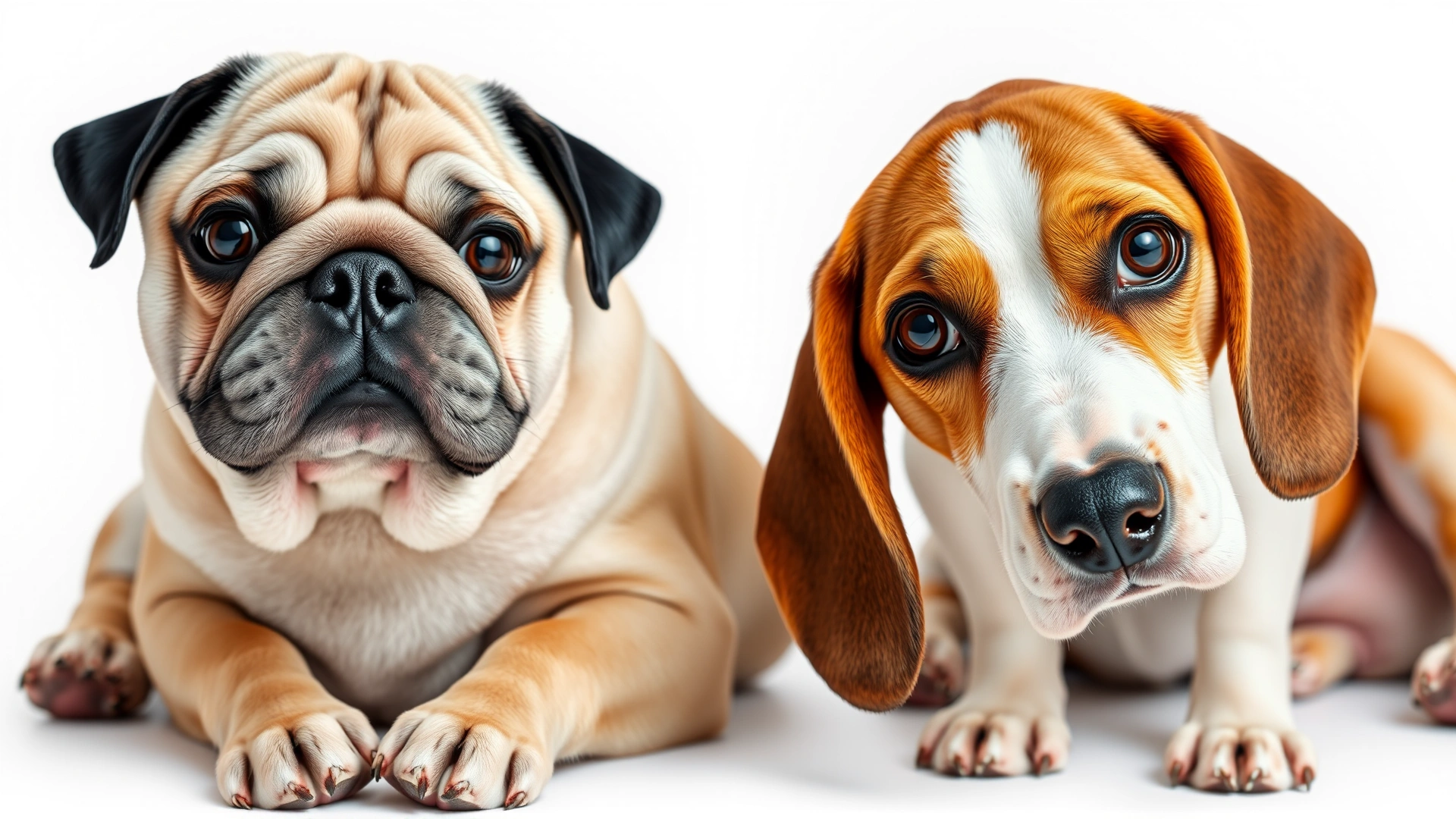 A Pug and a Beagle sitting side by side on a seamless white background to highlight the parent breeds of the Puggle.