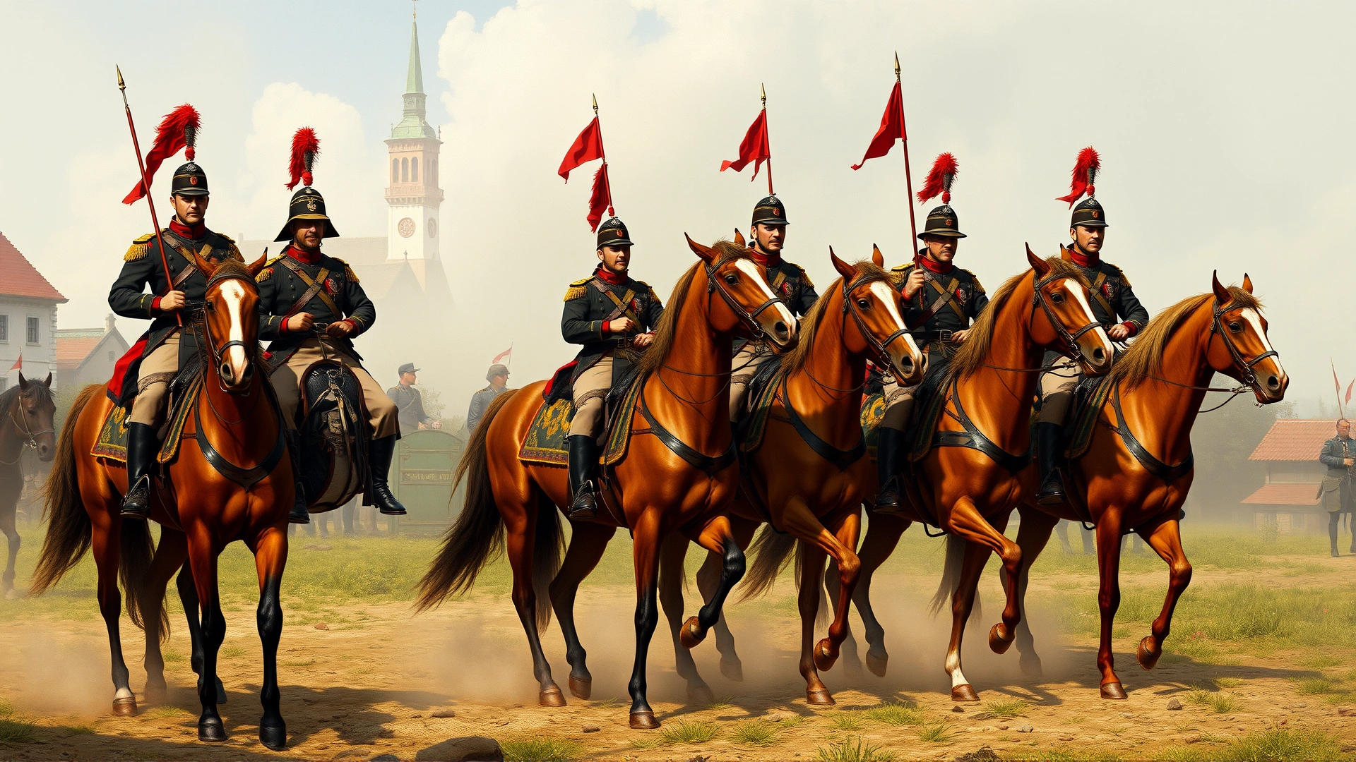 Vintage-looking illustration of 19th-century Hungarian cavalry riders mounted on Gidran horses in full uniform against a historical European backdrop