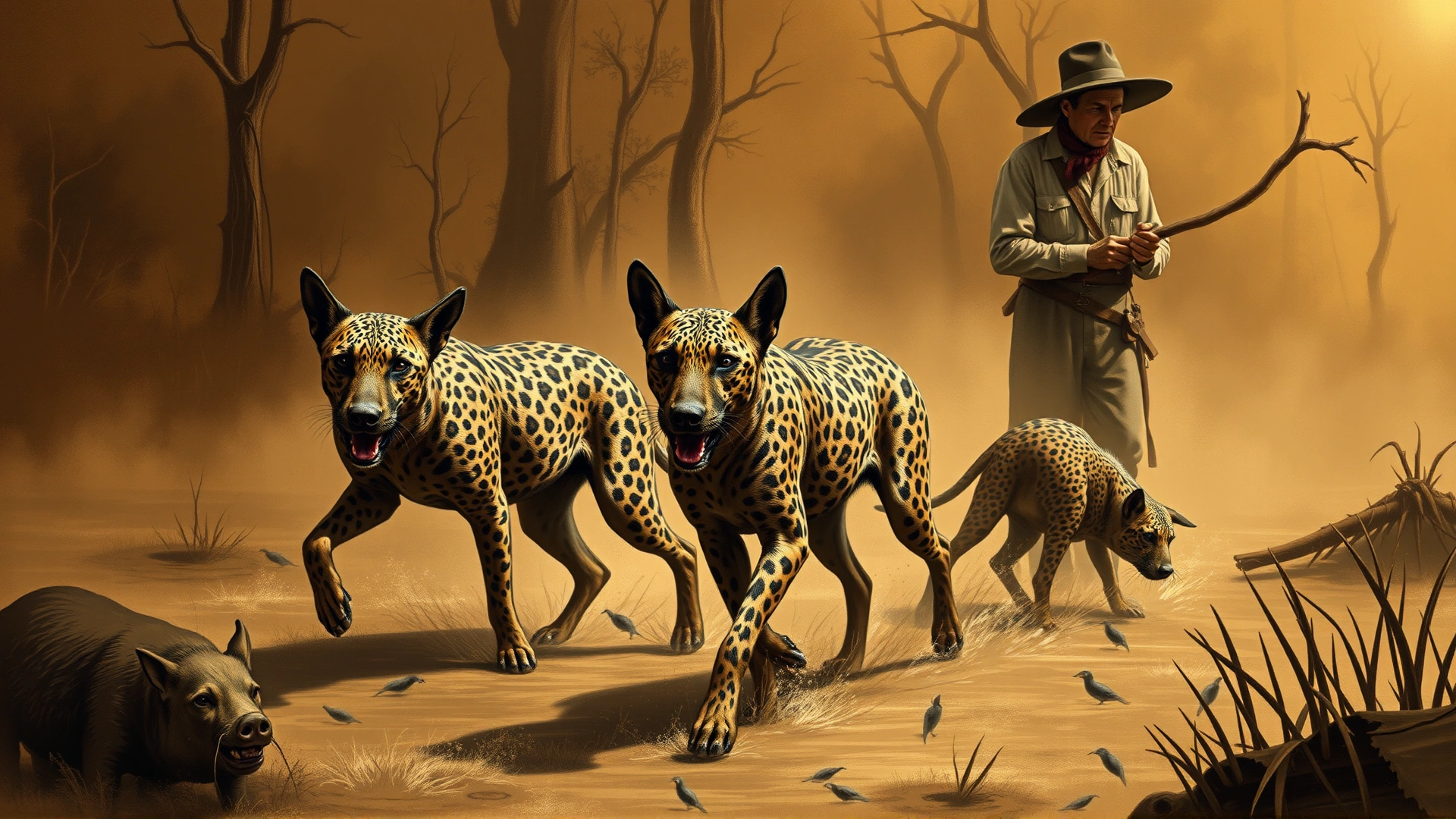 Vintage-style illustration of early American settlers using Catahoula Leopard Dogs to herd wild hogs in Louisiana swamps; warm earthy tones.