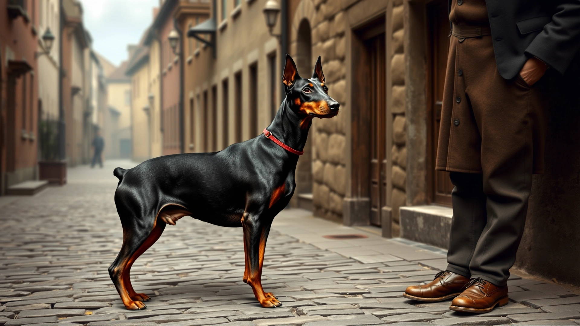 Vintage style illustration of an early Doberman Pinscher standing beside its 19th-century German owner on a cobblestone street.
