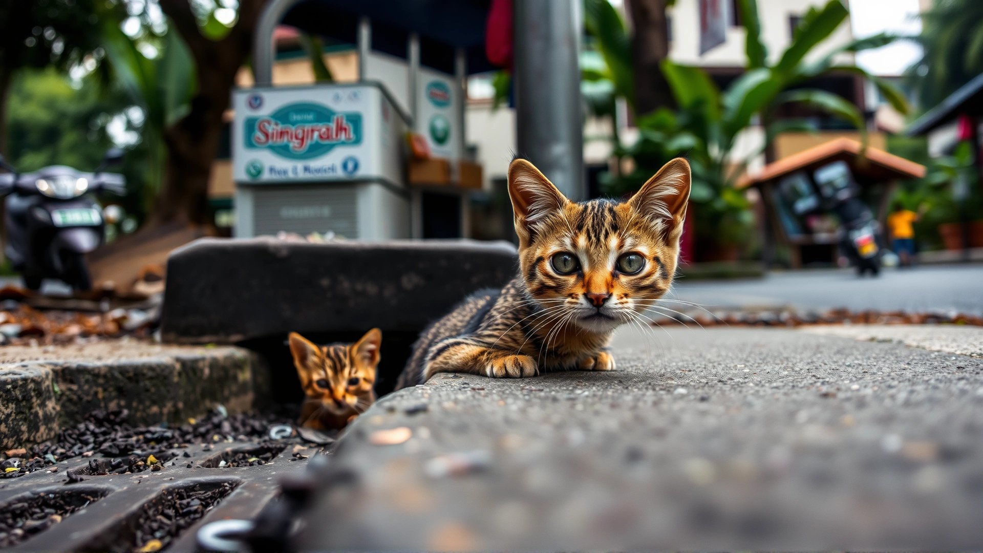 Street scene in Singapore with a small brown ticked stray cat peeking out from a drainage hole, tropical ambiance
