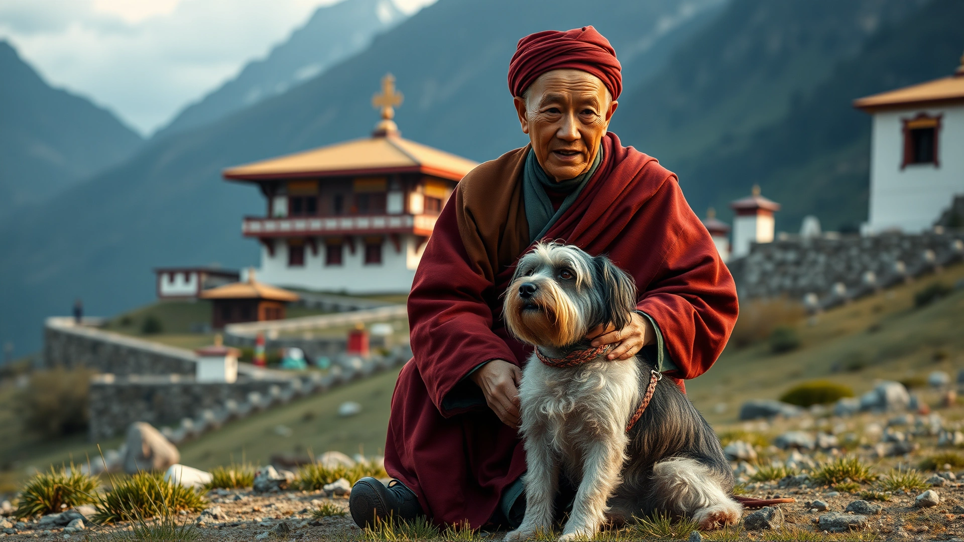 Tibetan monk sitting outside a mountain monastery petting a Tibetan Terrier, early morning soft light, tranquil mood